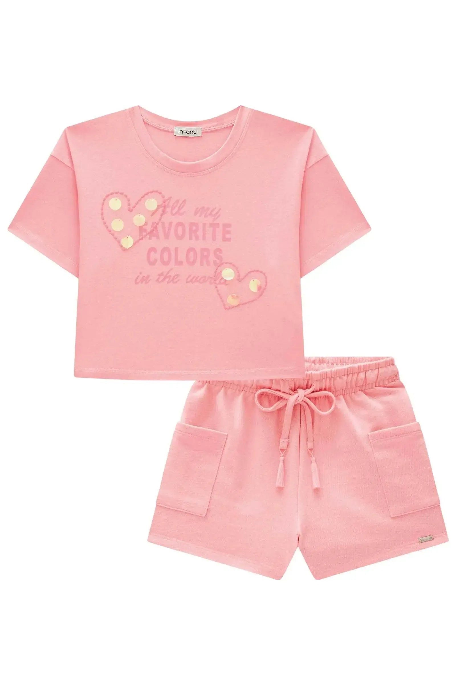 Conjunto de Blusa Boxy Over em Meia Malha e Shorts em Moletom sem Pelúcia 83115 Infanti Infantil Menina