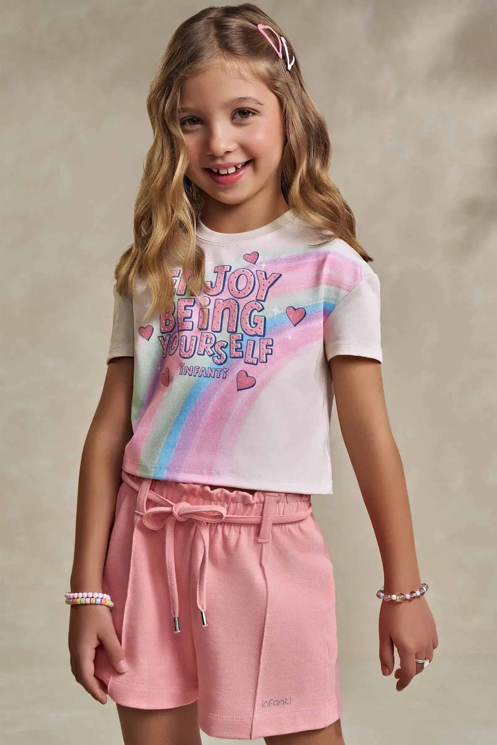 Conjunto de Blusa Boxy Over em Meia Malha e Shorts em Moletwill 93625 Infanti Infantil Menina
