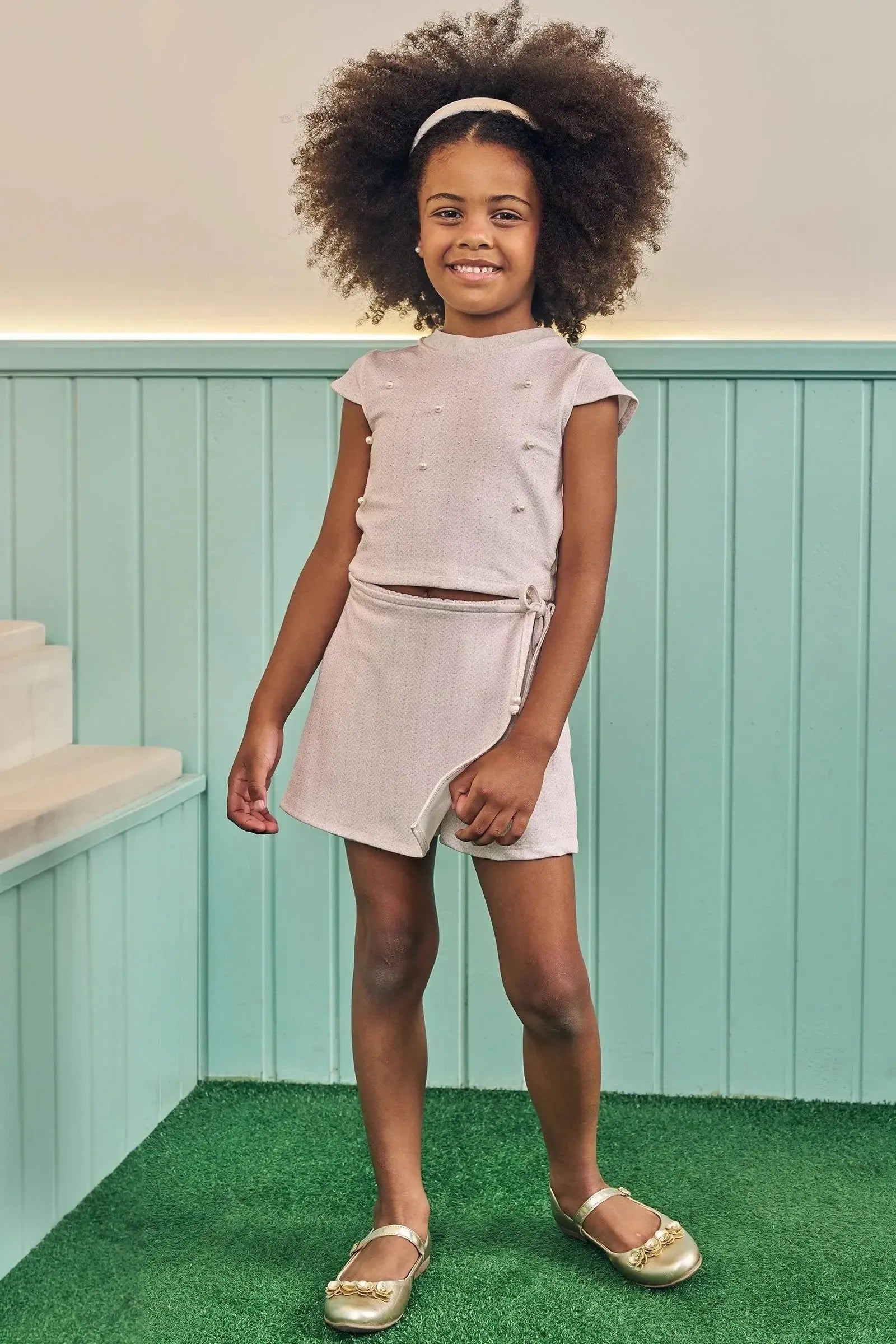 Conjunto de Blusa Cropped e Short Saia em Molecotton 83941 Kukiê Infantil Menina