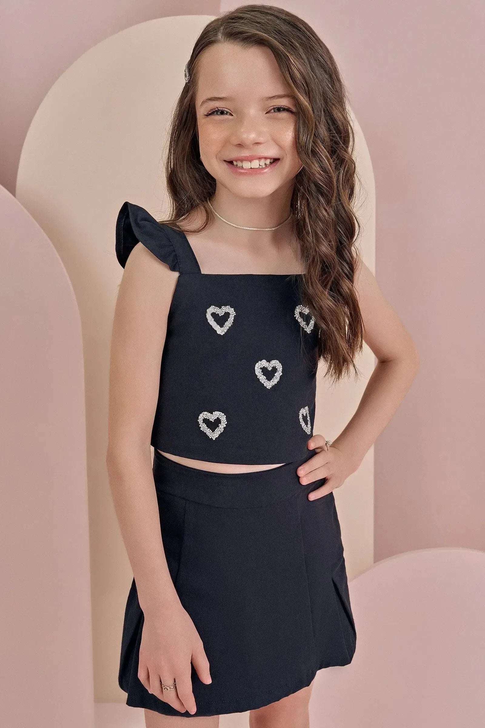 Conjunto de Blusa Cropped e Short Saia em Sarja com Elastano 89229 Infanti Infantil Menina