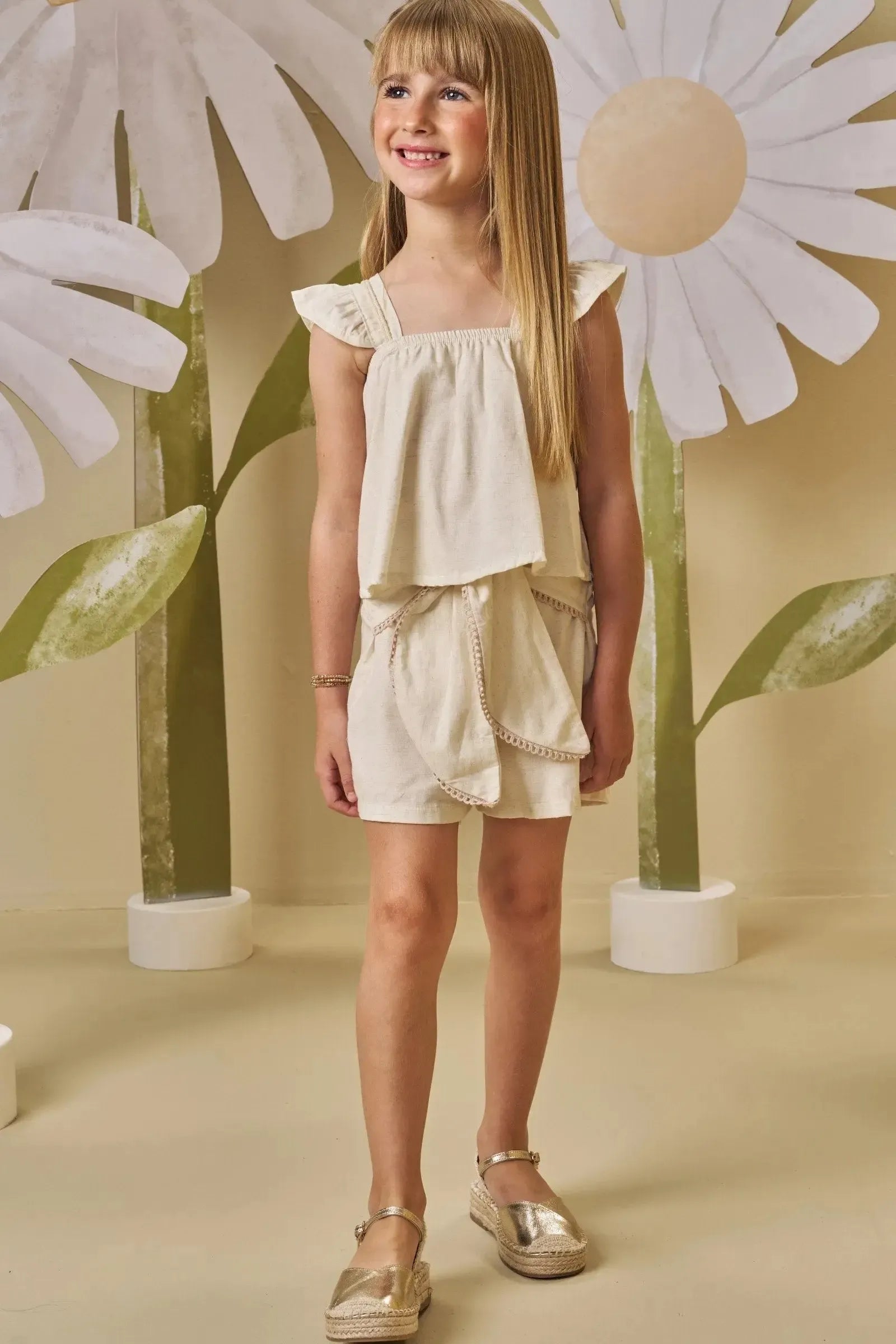 Conjunto de Blusa Cropped e Shorts em Linho Deluxe 88157 Infanti Infantil Menina