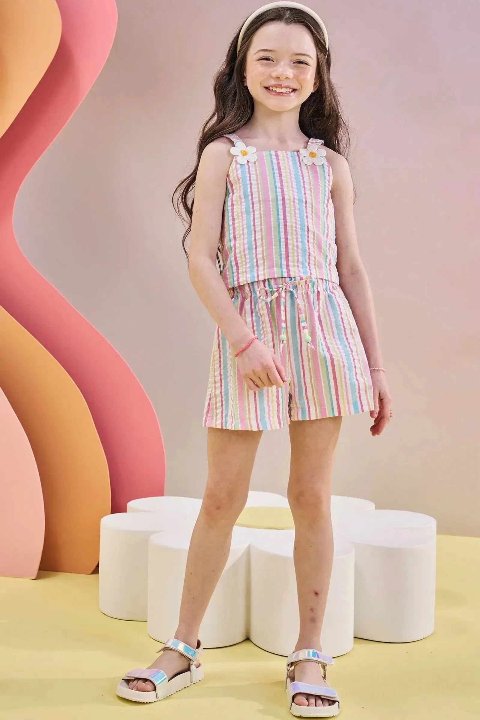 Conjunto de Blusa Cropped e Shorts em Tecido Rainbow 83114 Infanti Infantil Menina