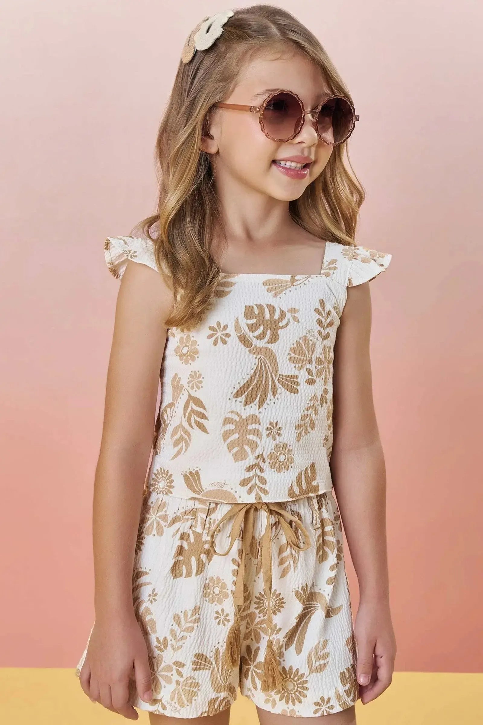 Conjunto de Blusa Cropped e Shorts em Tecido Texturizado 85463 Infanti Infantil Menina