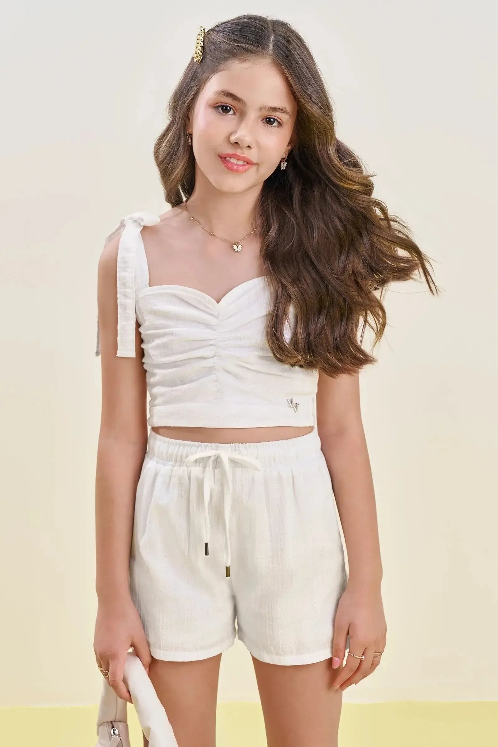Conjunto de Blusa Cropped e Shorts em Tricoline Maquinetada 83895 Vic&Vicky Teen Menina
