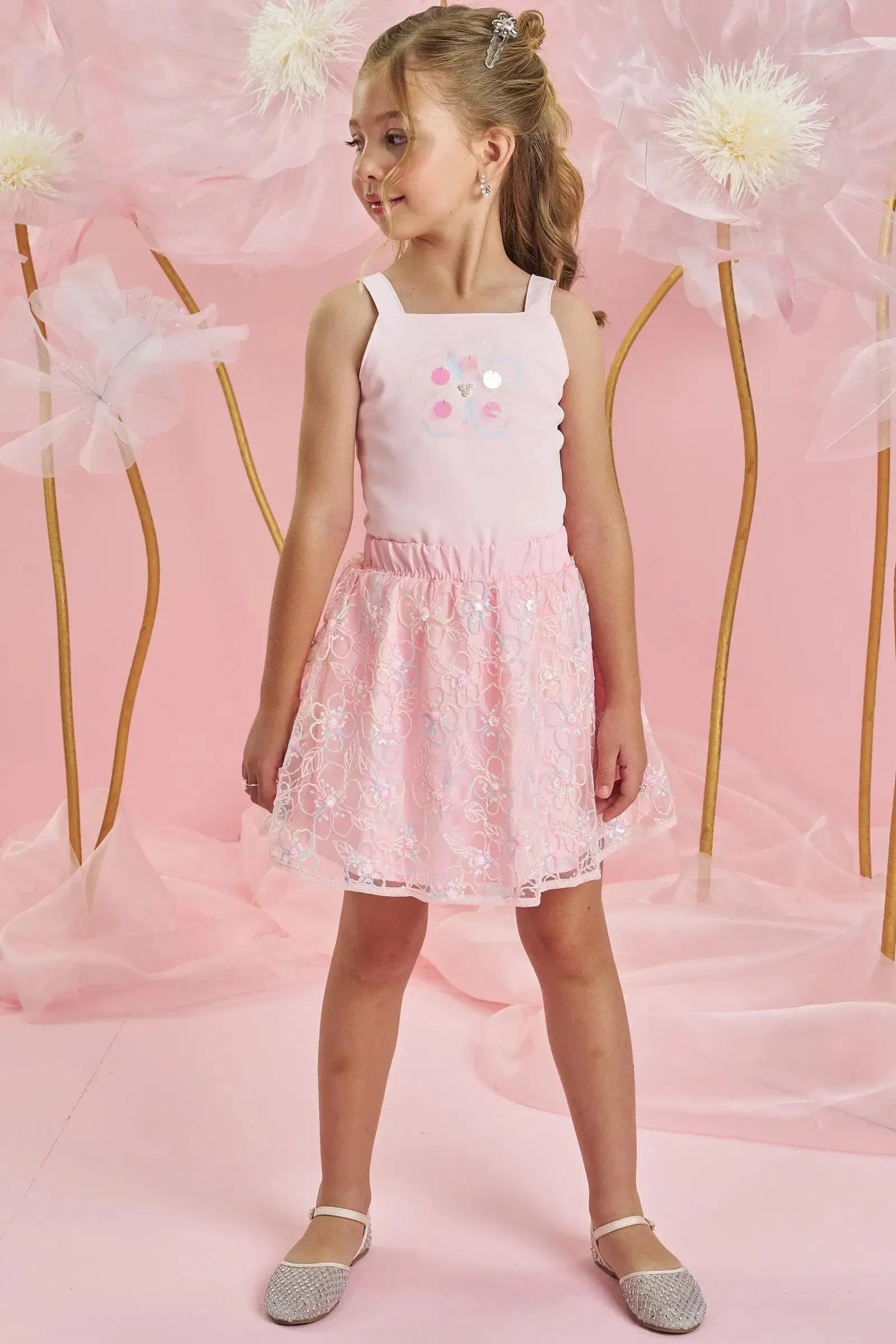 Conjunto de Blusa Cropped em Alfaiataria Twill e Saia em Tule Bordado. Com Shorts Embutido 83980 Infanti Infantil Menina