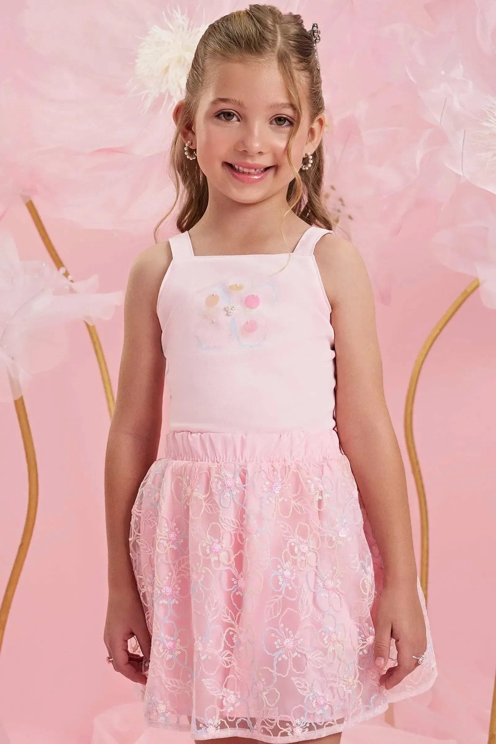 Conjunto de Blusa Cropped em Alfaiataria Twill e Saia em Tule Bordado. Com Shorts Embutido 83980 Infanti Infantil Menina