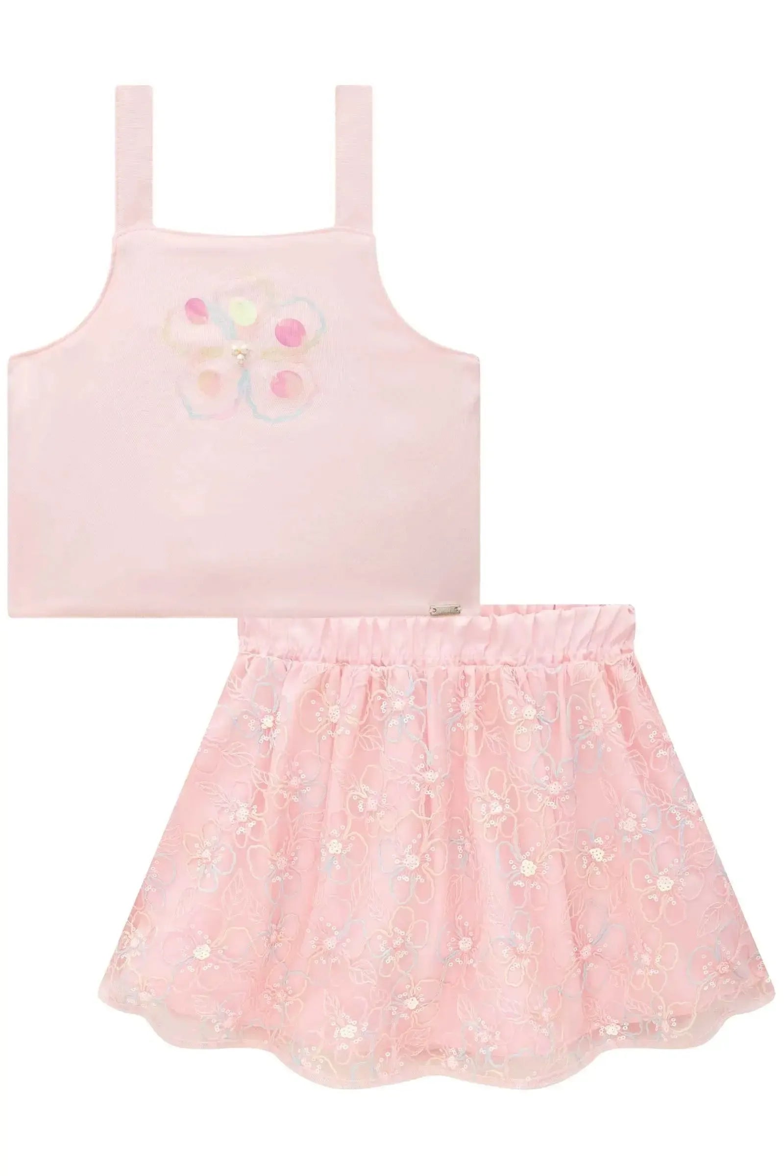 Conjunto de Blusa Cropped em Alfaiataria Twill e Saia em Tule Bordado. Com Shorts Embutido 83980 Infanti Infantil Menina