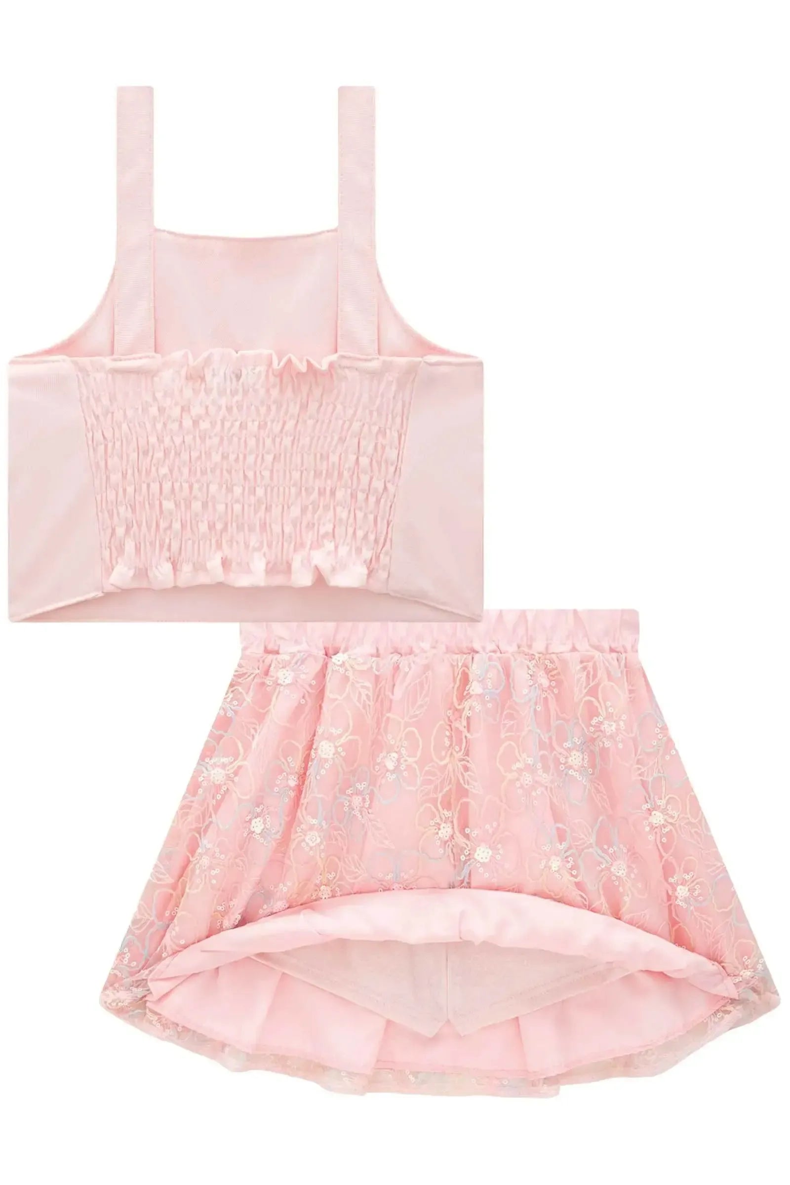 Conjunto de Blusa Cropped em Alfaiataria Twill e Saia em Tule Bordado. Com Shorts Embutido 83980 Infanti Infantil Menina