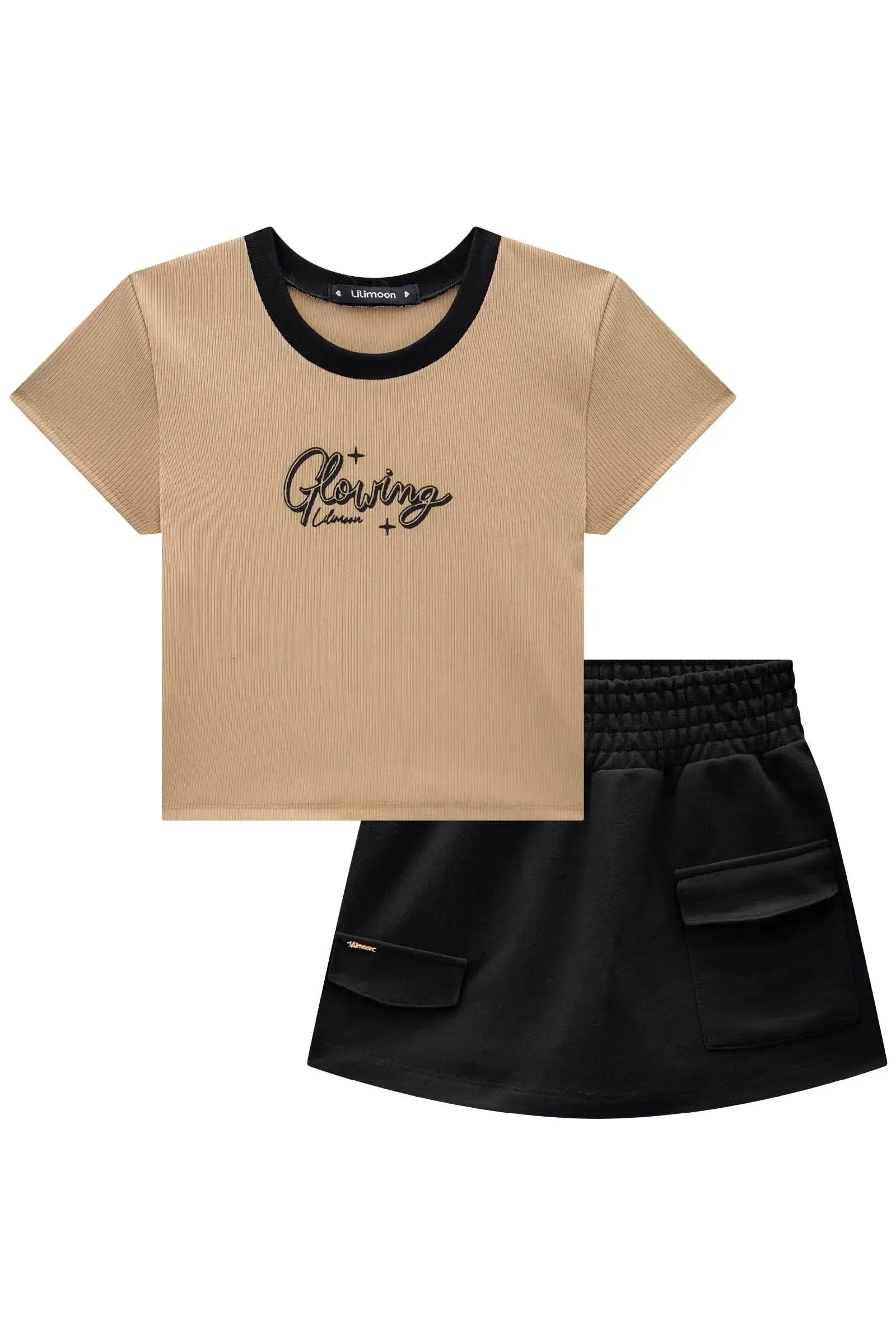 Conjunto de Blusa Cropped em Canelado Fancy e Short Saia em Moletom sem Pelúcia 84317 Lilimoon Teen Menina