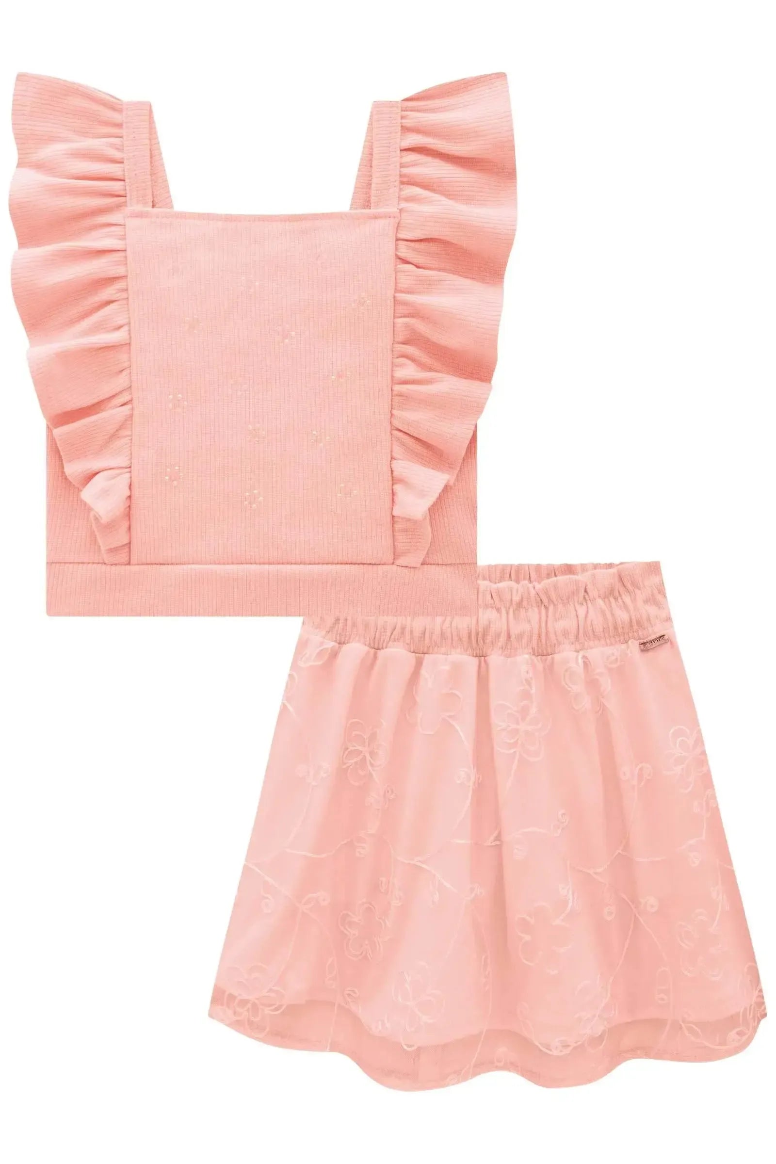 Conjunto de Blusa Cropped em Canelado Liz e Saia em Tule Bordado com Shorts Embutido 88753 Infanti Infantil Menina