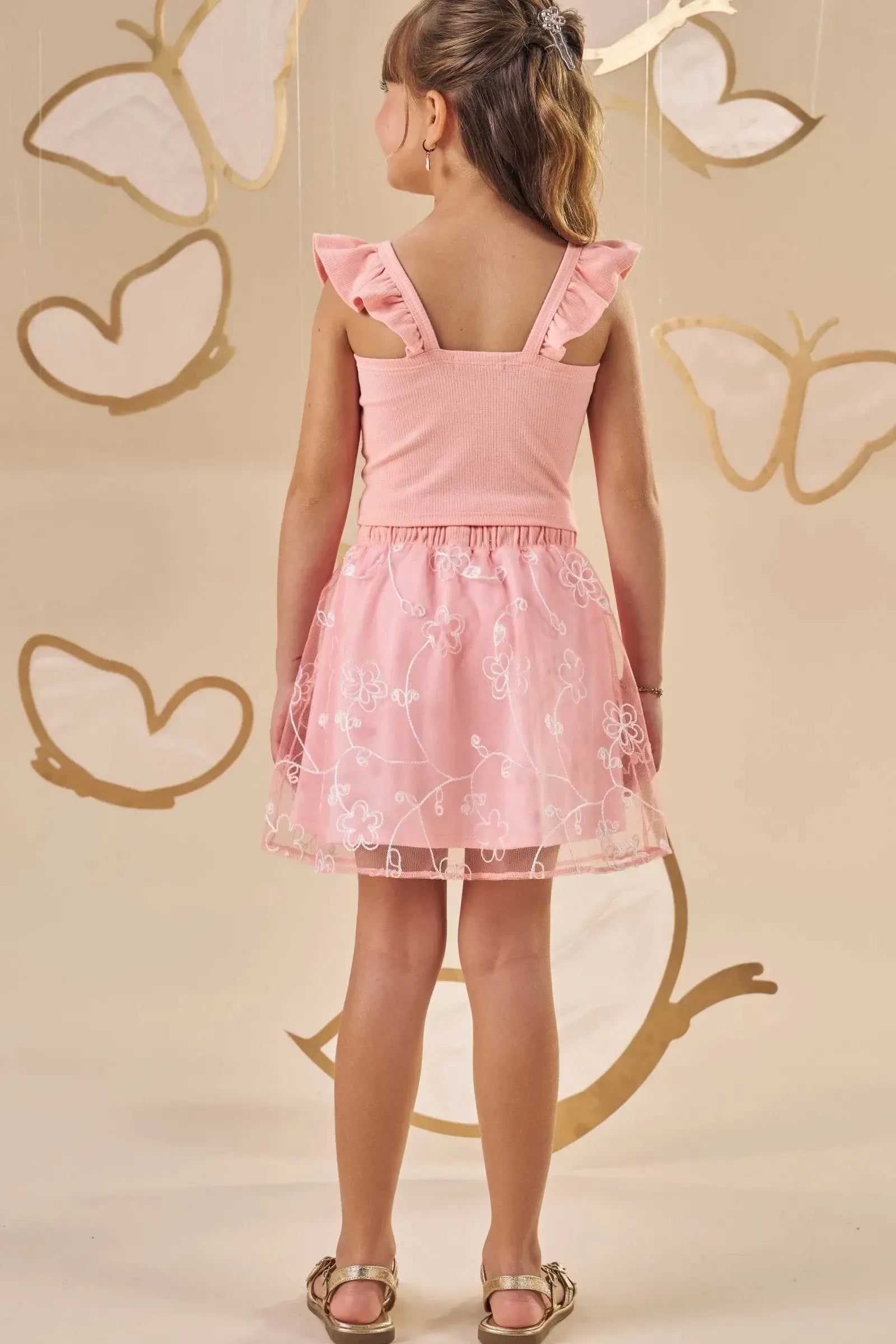 Conjunto de Blusa Cropped em Canelado Liz e Saia em Tule Bordado com Shorts Embutido 88753 Infanti Infantil Menina