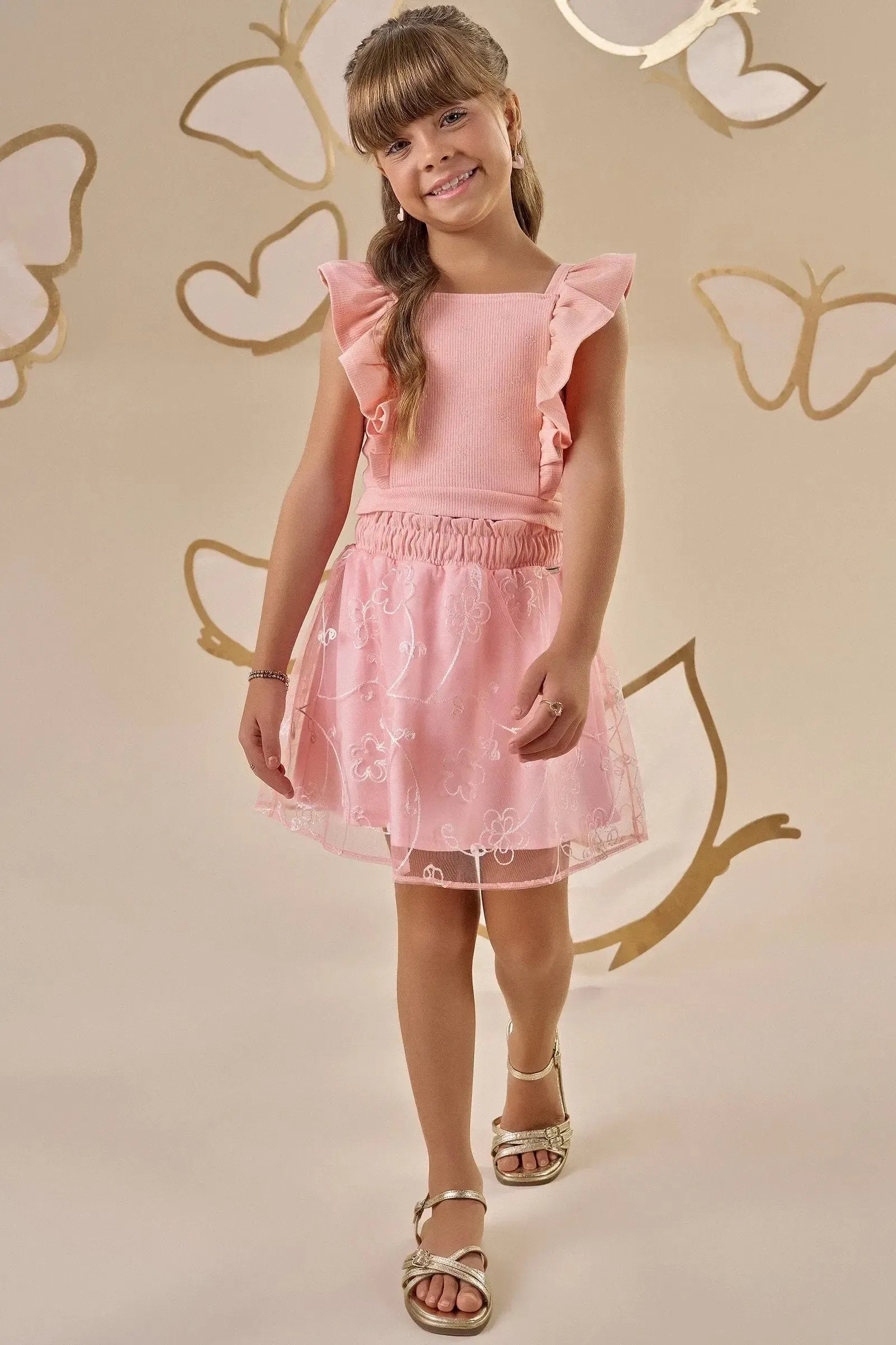 Conjunto de Blusa Cropped em Canelado Liz e Saia em Tule Bordado com Shorts Embutido 88753 Infanti Infantil Menina