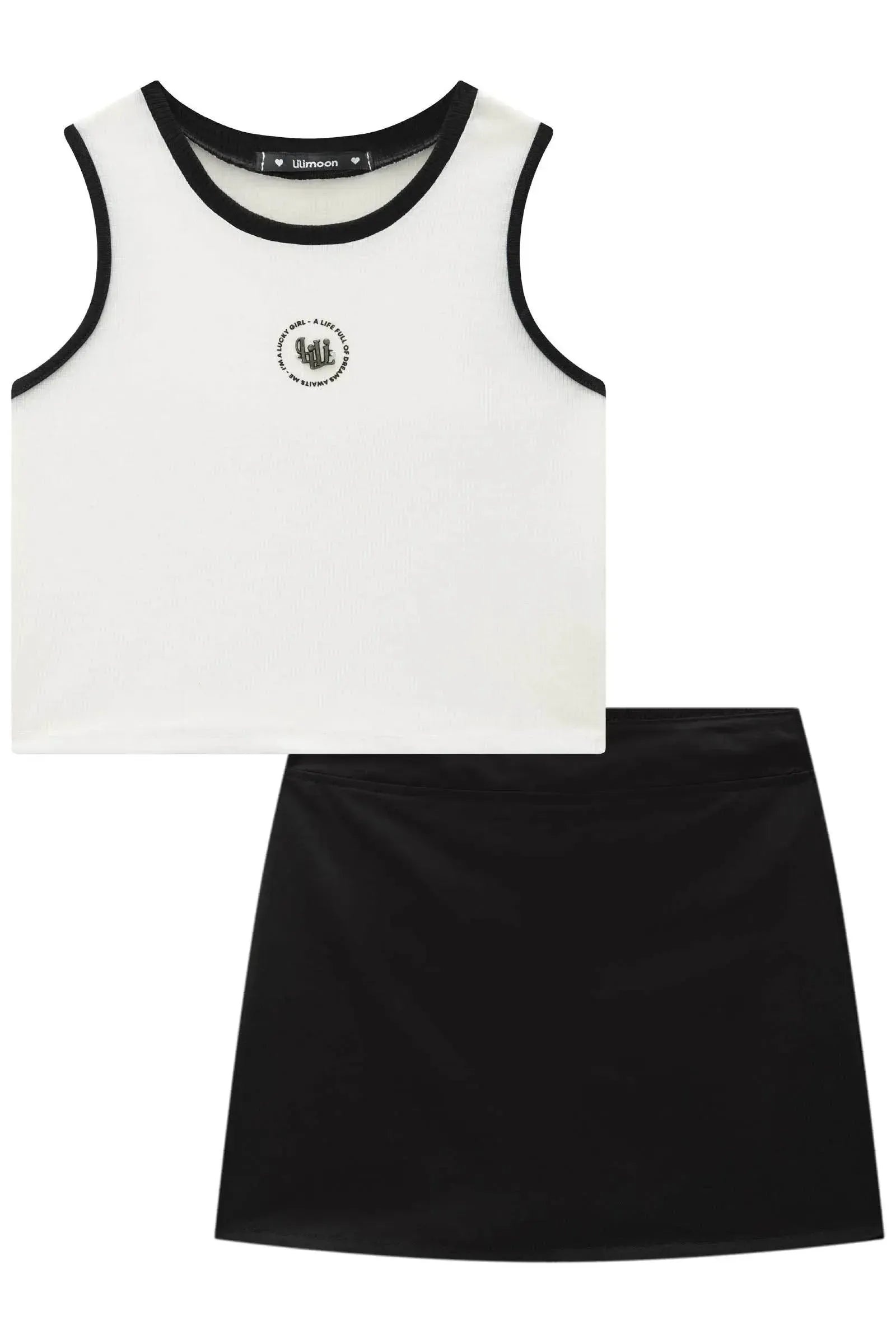 Conjunto de Blusa Cropped em Canelado Liz e Short Saia em Alfaiataria Amore 92667 Lilimoon Teen Menina