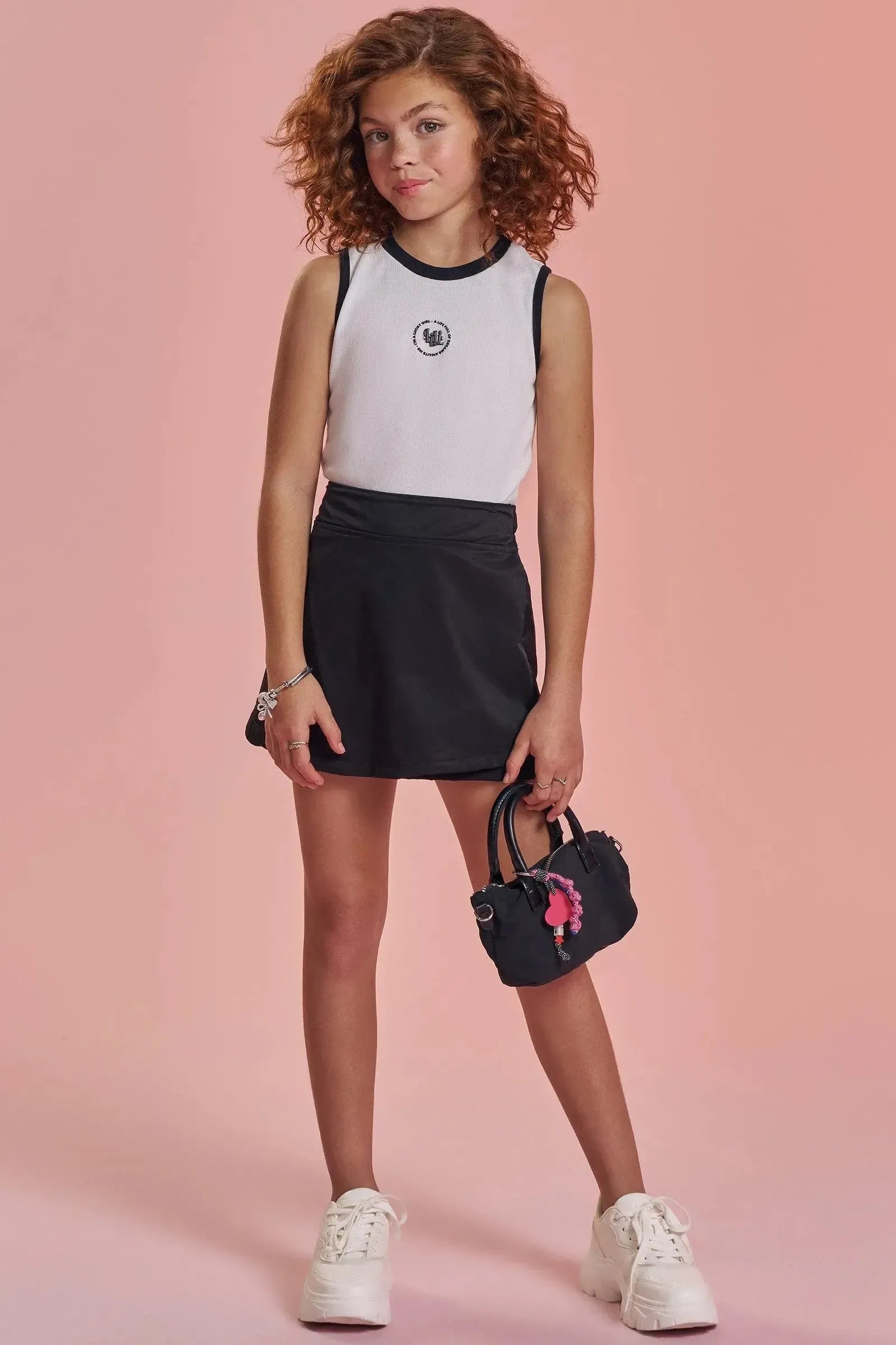 Conjunto de Blusa Cropped em Canelado Liz e Short Saia em Alfaiataria Amore 92667 Lilimoon Teen Menina