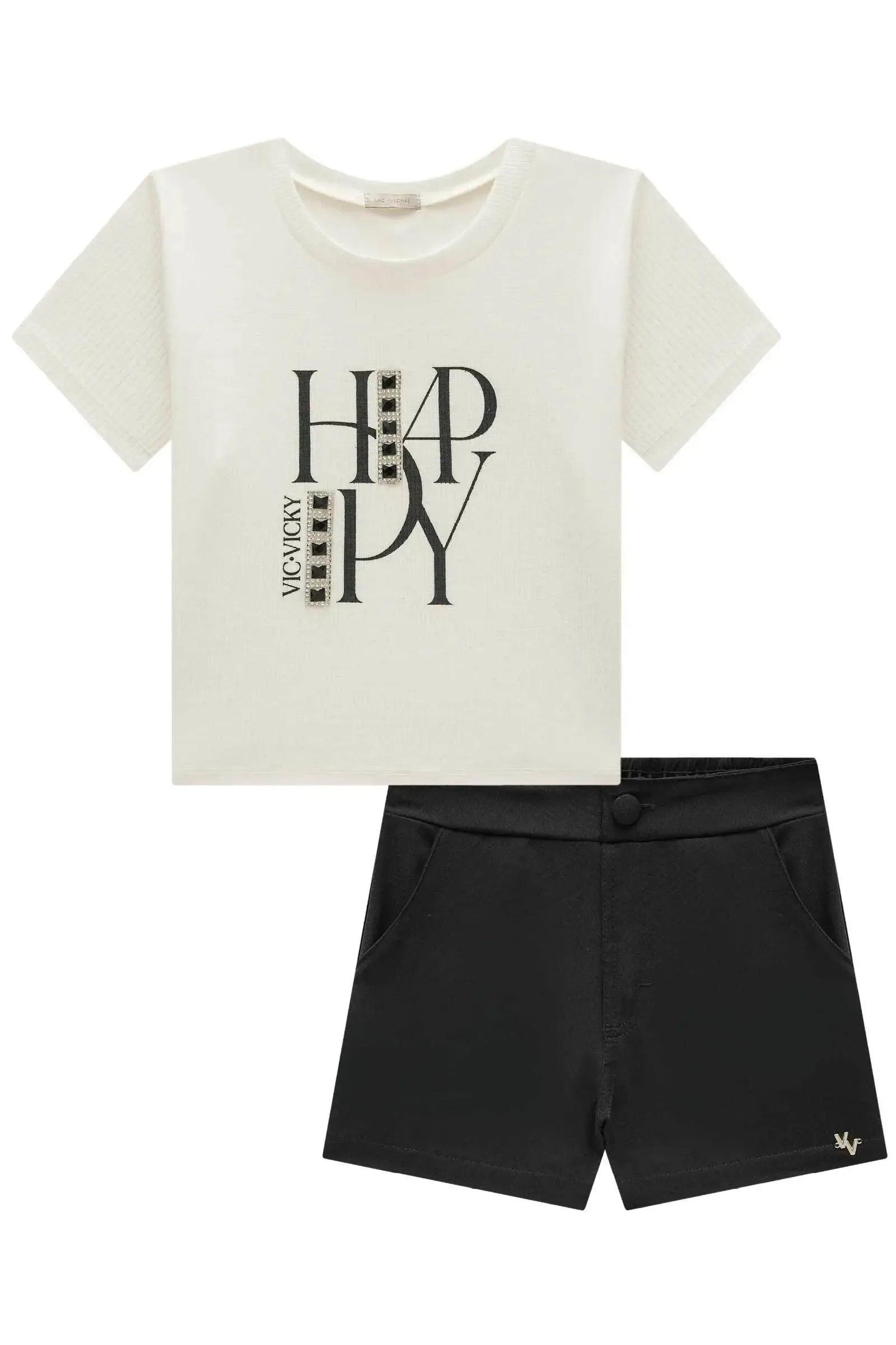 Conjunto de Blusa Cropped em Canelado Liz e Shorts em Alfaiataria Twill 84924 Vic&Vicky Teen Menina