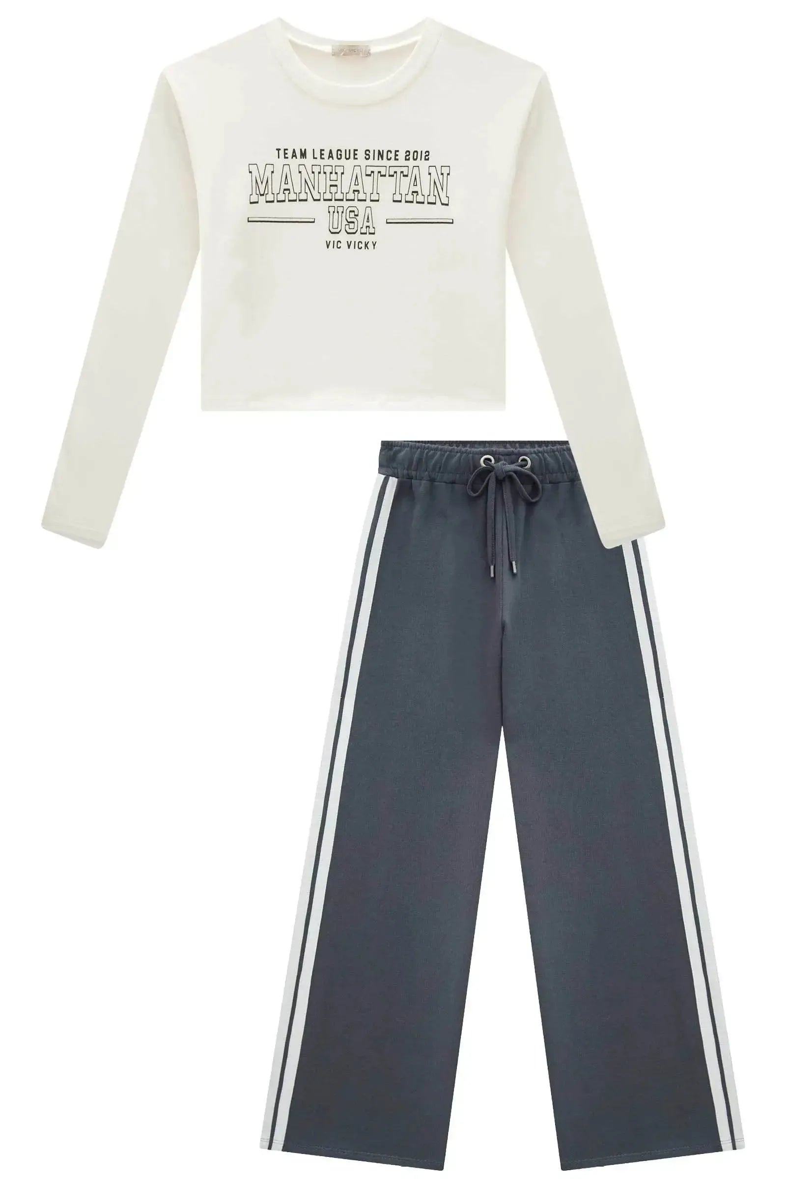 Conjunto de Blusa Cropped em Cotton e Calça Wide em Moletom sem Pelúcia 89717 Vic&Vicky Teen Menina