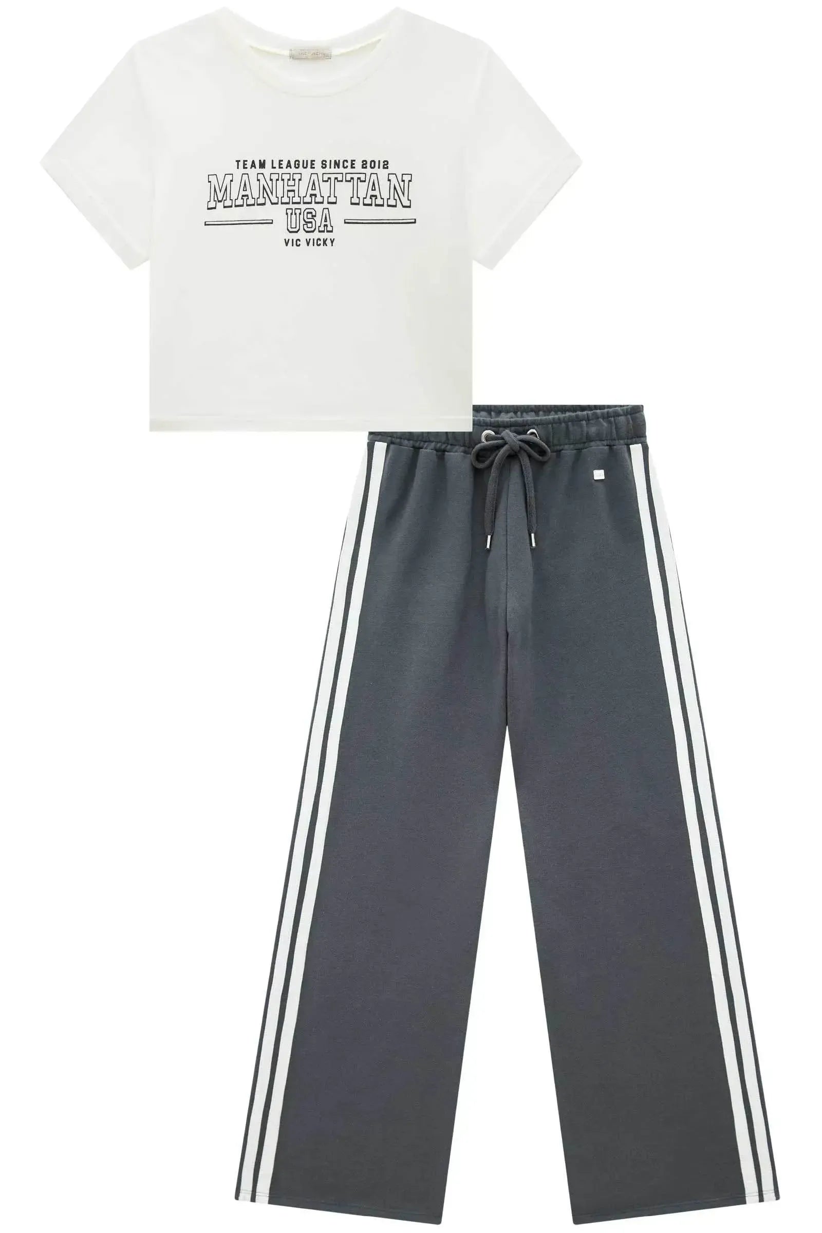 Conjunto de Blusa Cropped em Cotton e Calça Wide Leg em Moletom sem Pelúcia 93472 Vic&Vicky Teen Menina