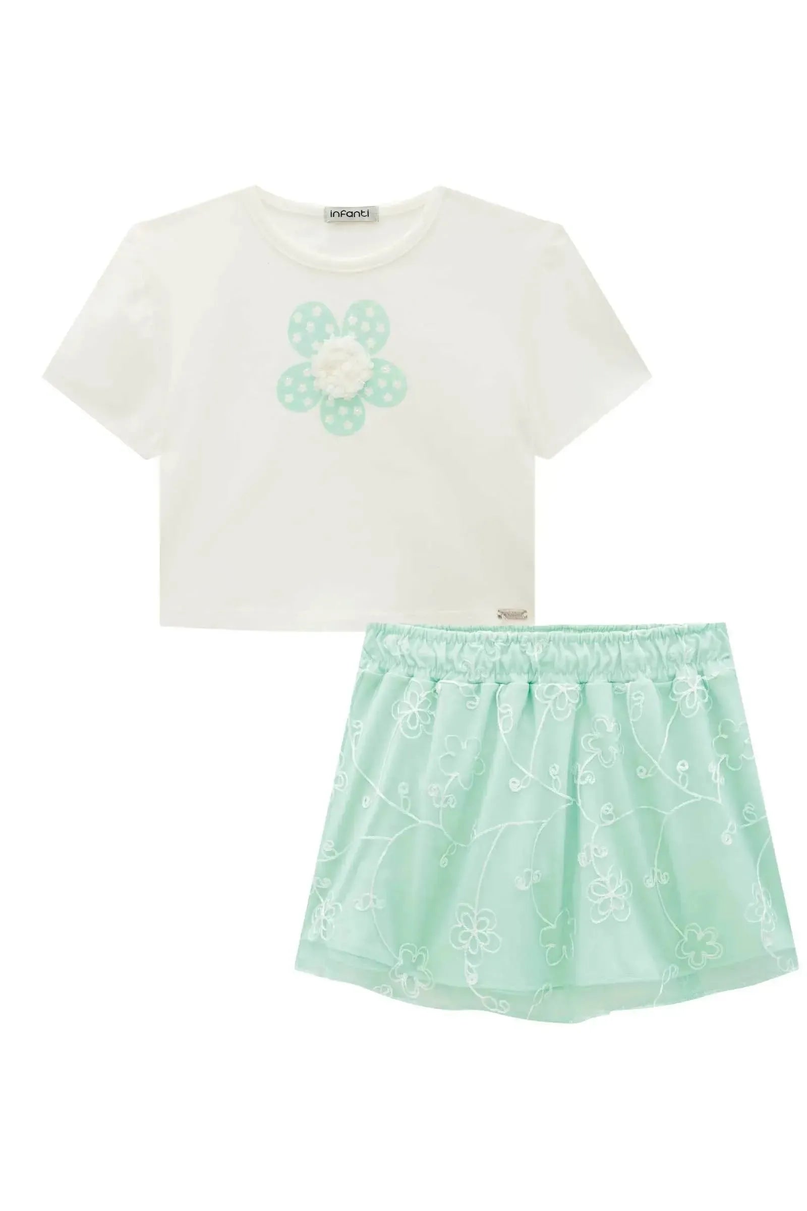 Conjunto de Blusa Cropped em Cotton e Saia em Tule Bordado com Shorts Embutido 87417 Infanti Infantil Menina