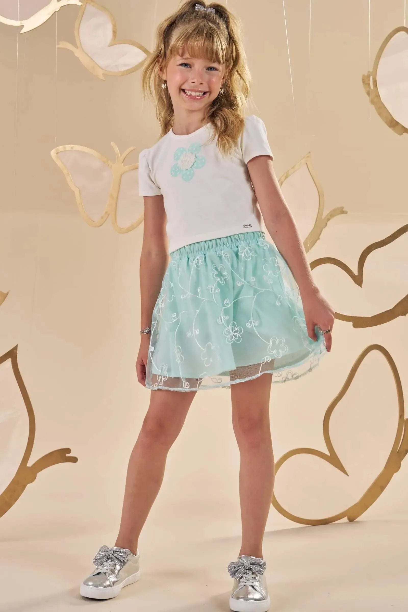Conjunto de Blusa Cropped em Cotton e Saia em Tule Bordado com Shorts Embutido 87417 Infanti Infantil Menina