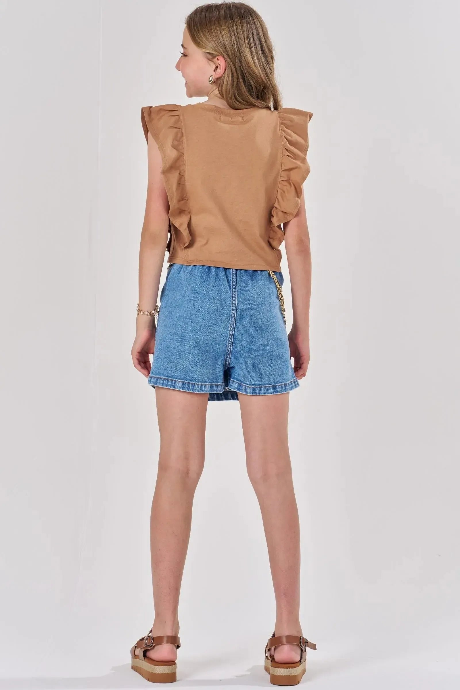 Conjunto de Blusa Cropped em Cotton e Short Saia em Jeans com Elastano 84458 Lilimoon Teen Menina