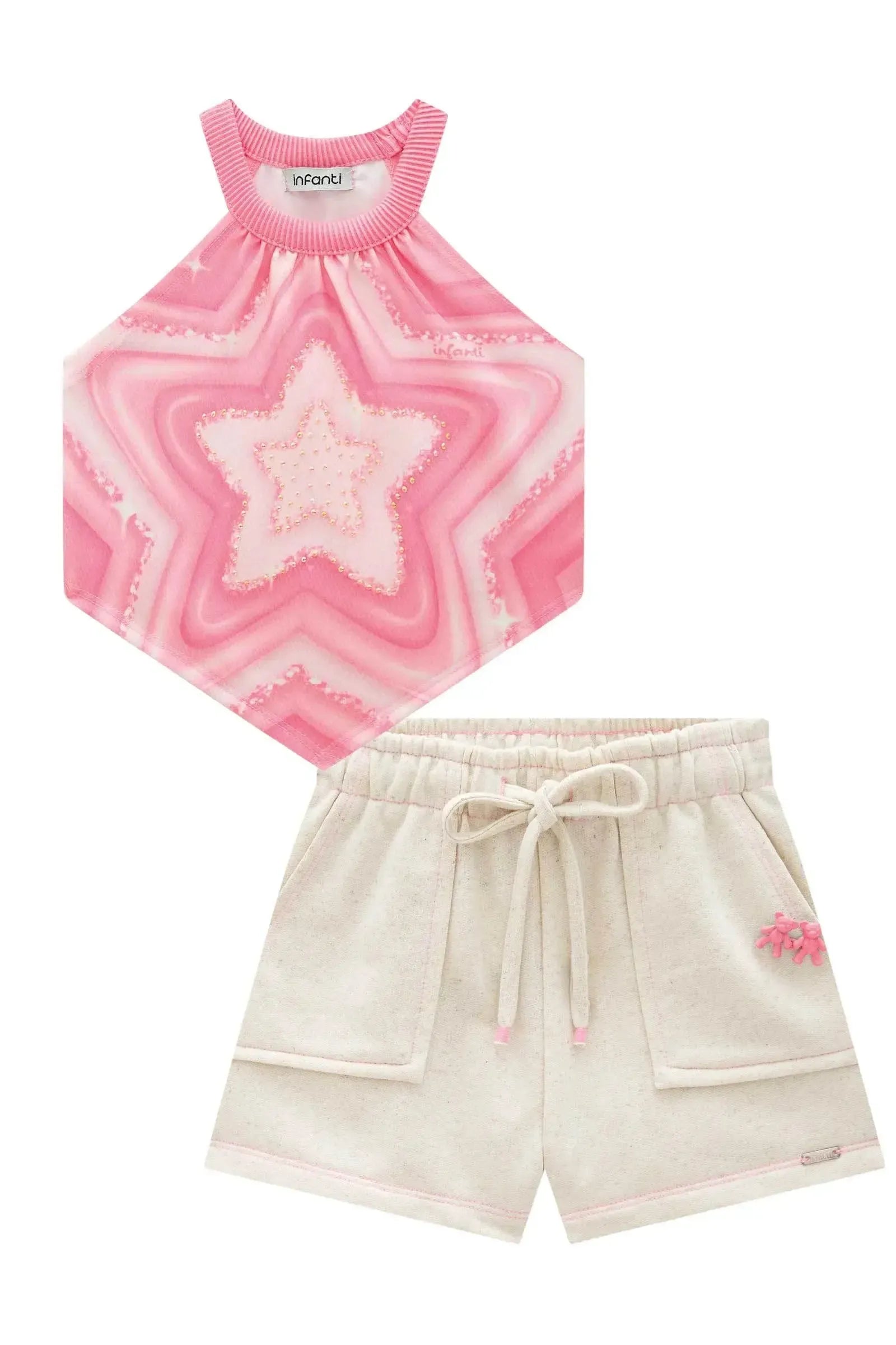 Conjunto de Blusa Cropped em Malha Power e Shorts em Moletom Linho sem Pelucia 87188 Infanti Infantil Menina