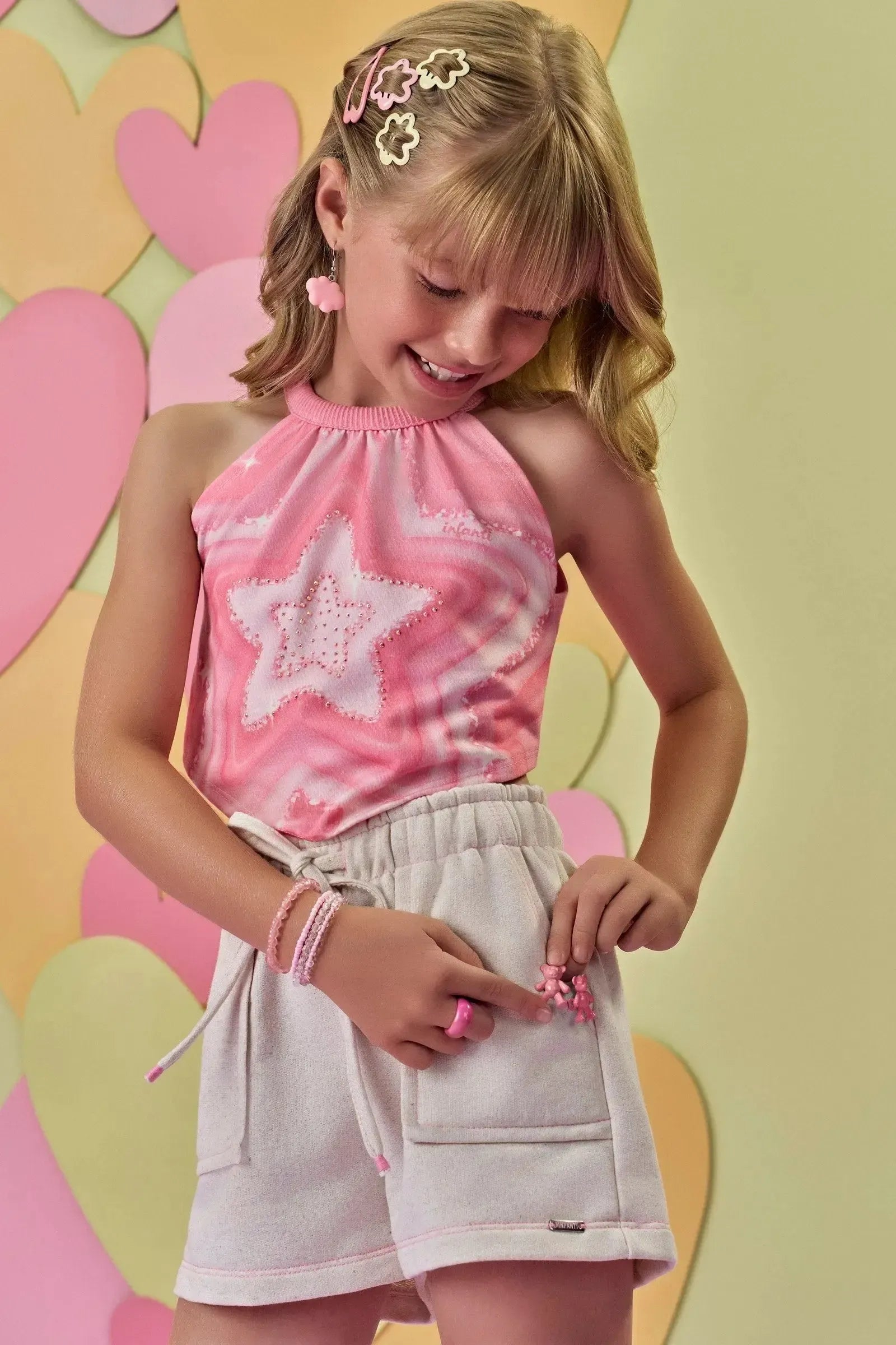 Conjunto de Blusa Cropped em Malha Power e Shorts em Moletom Linho sem Pelucia 87188 Infanti Infantil Menina