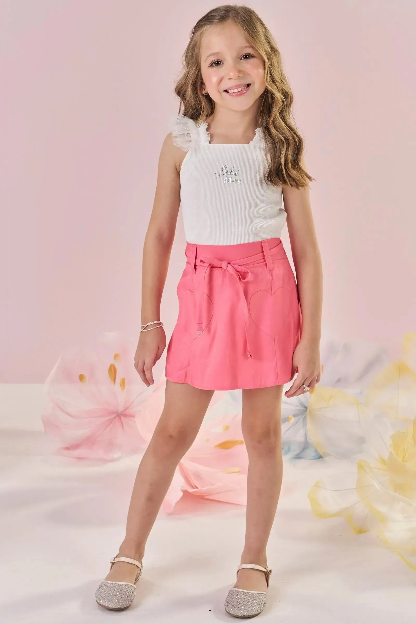 Conjunto de Blusa Cropped em Soft Line e Short Saia em Tecido Shine 87337 Kukiê Infantil Menina