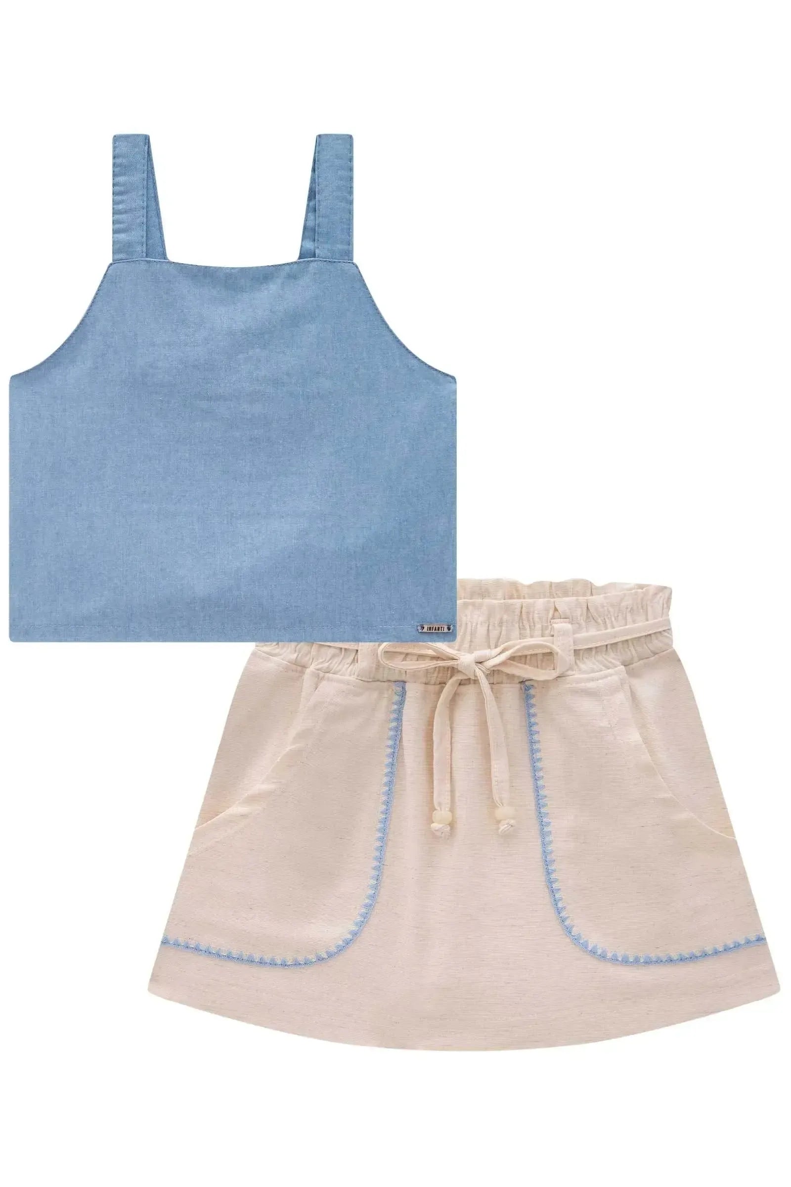 Conjunto de Blusa Cropped em Tecido Light Chambray e Short Saia em Linho com Elastano 84583 Infanti Infantil Menina