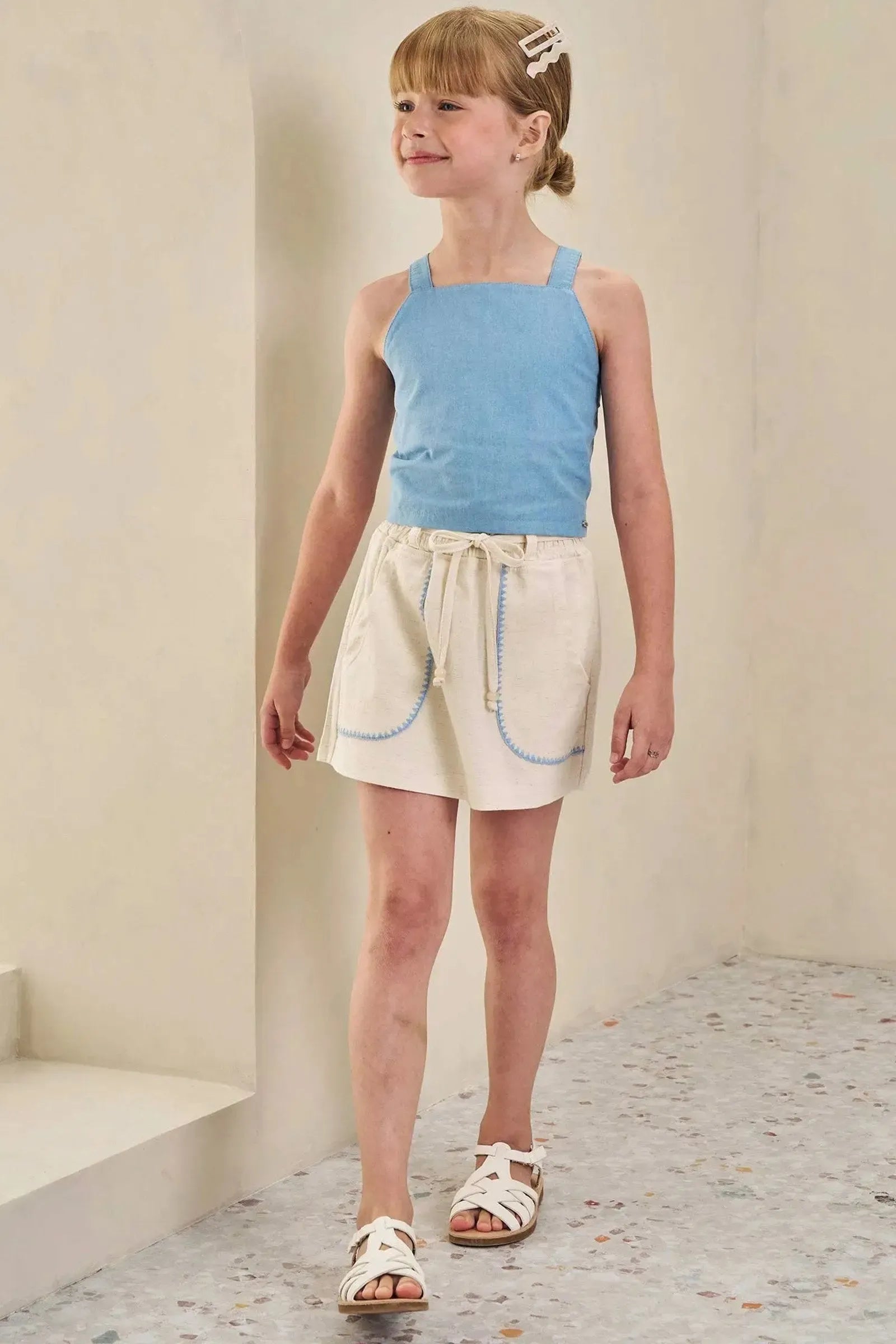 Conjunto de Blusa Cropped em Tecido Light Chambray e Short Saia em Linho com Elastano 84583 Infanti Infantil Menina