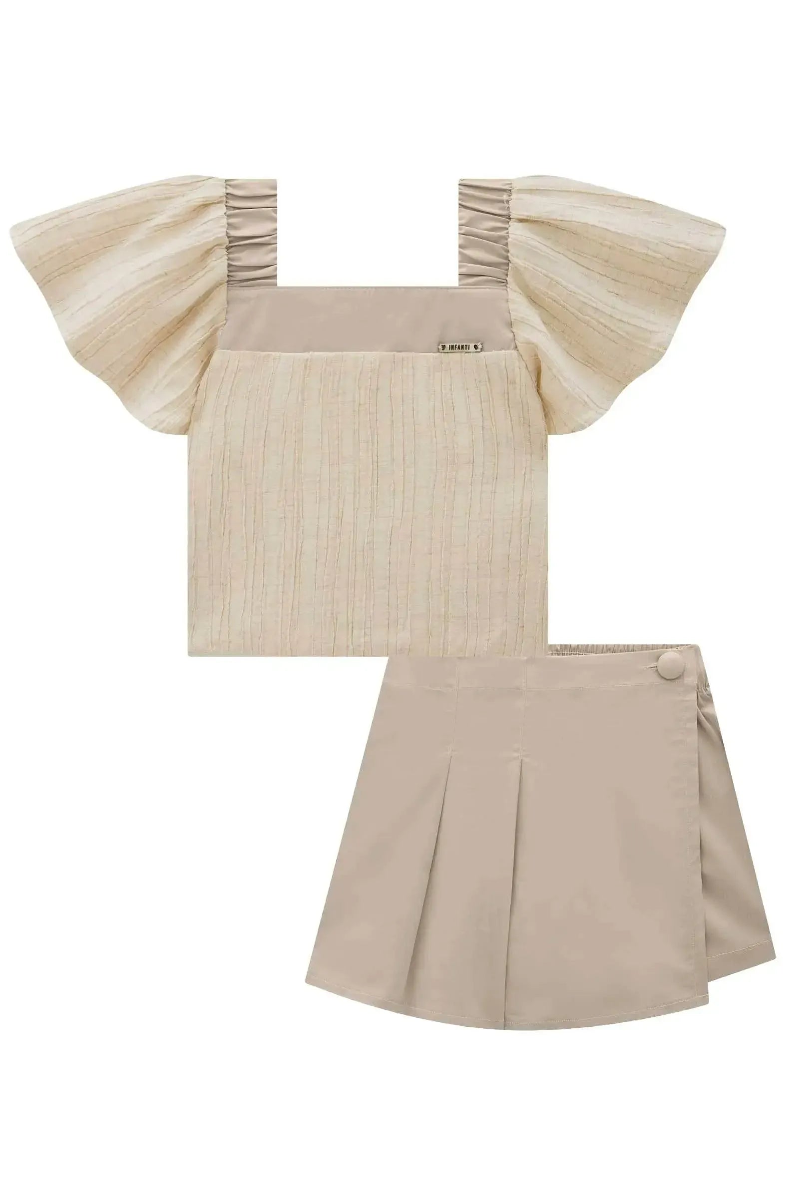 Conjunto de Blusa Cropped em Tecido Plissado e Short Saia em Tricoline com Elastano 88154 Infanti Infantil Menina