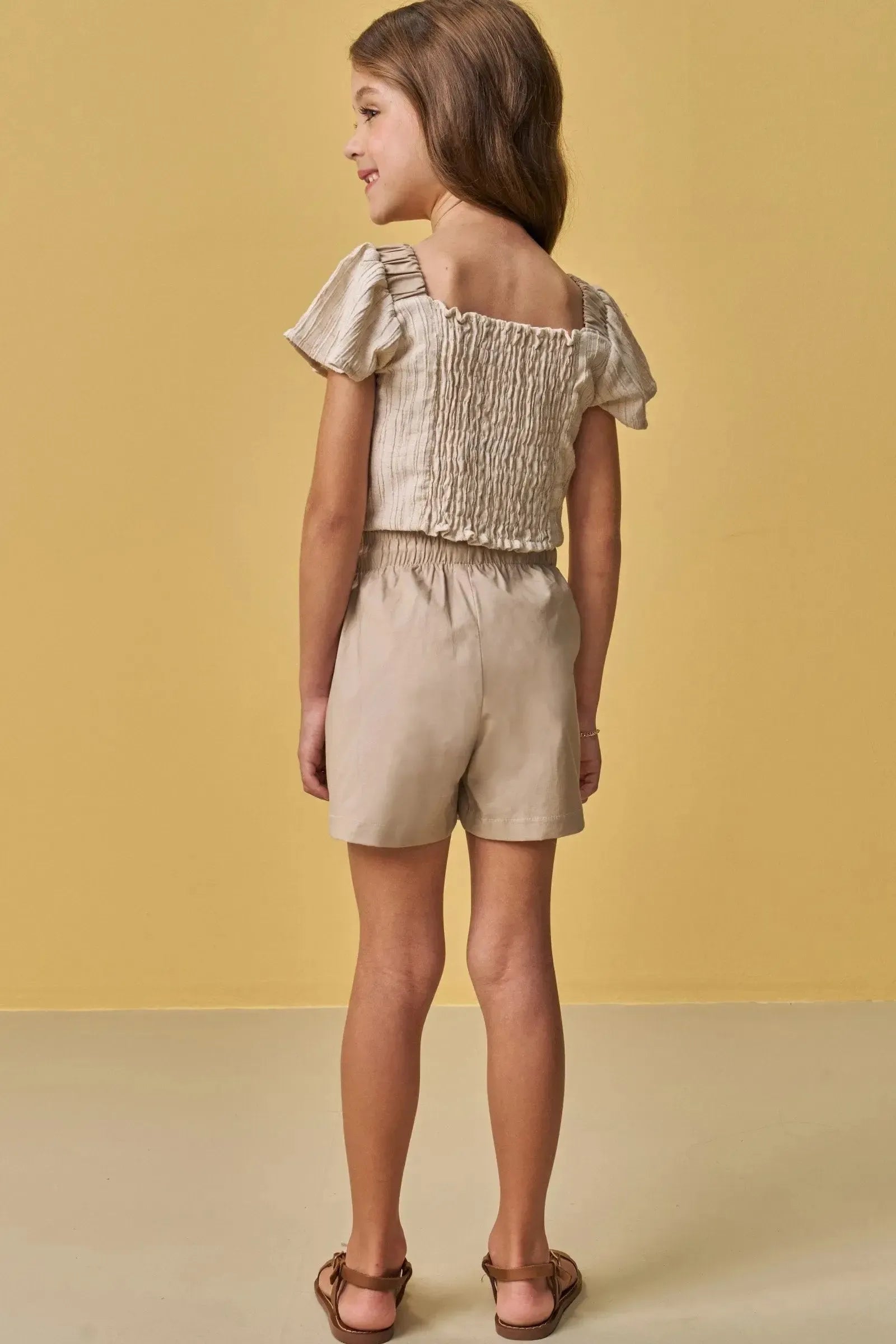 Conjunto de Blusa Cropped em Tecido Plissado e Short Saia em Tricoline com Elastano 88154 Infanti Infantil Menina