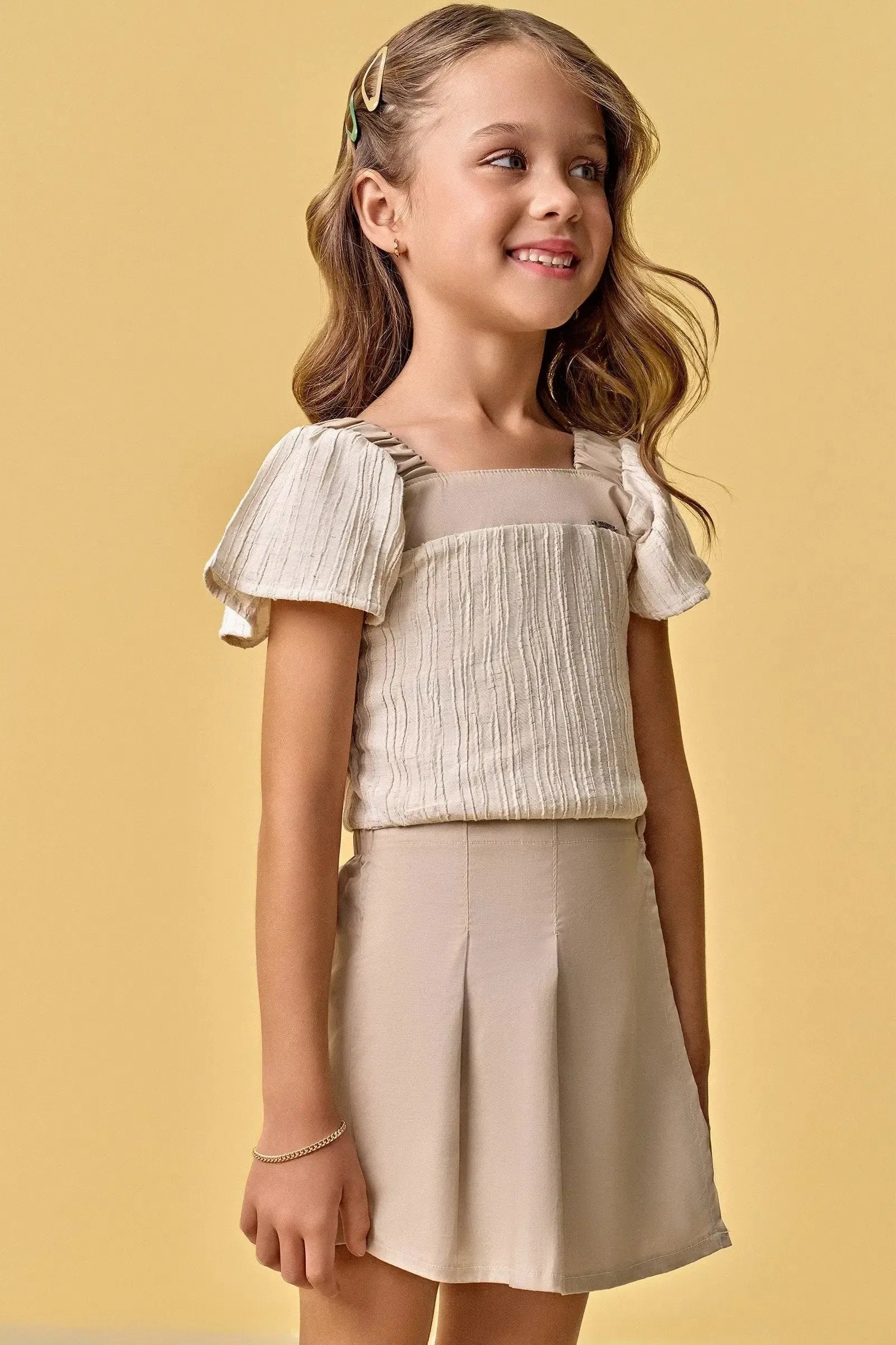 Conjunto de Blusa Cropped em Tecido Plissado e Short Saia em Tricoline com Elastano 88154 Infanti Infantil Menina