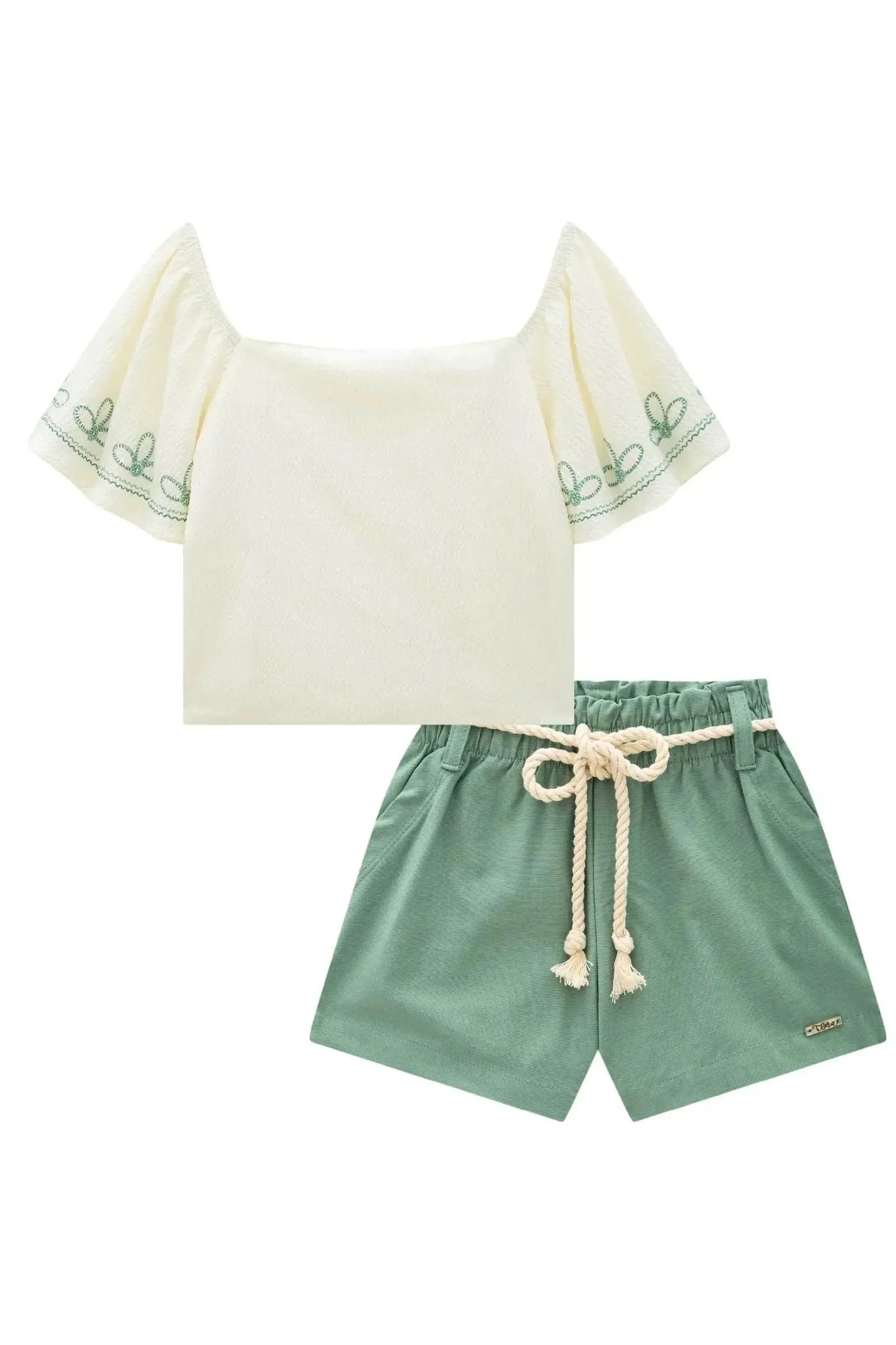 Conjunto de Blusa Cropped em Tecido Texturizado e Shorts em Linho com Elastano 88108 Infanti Infantil Menina