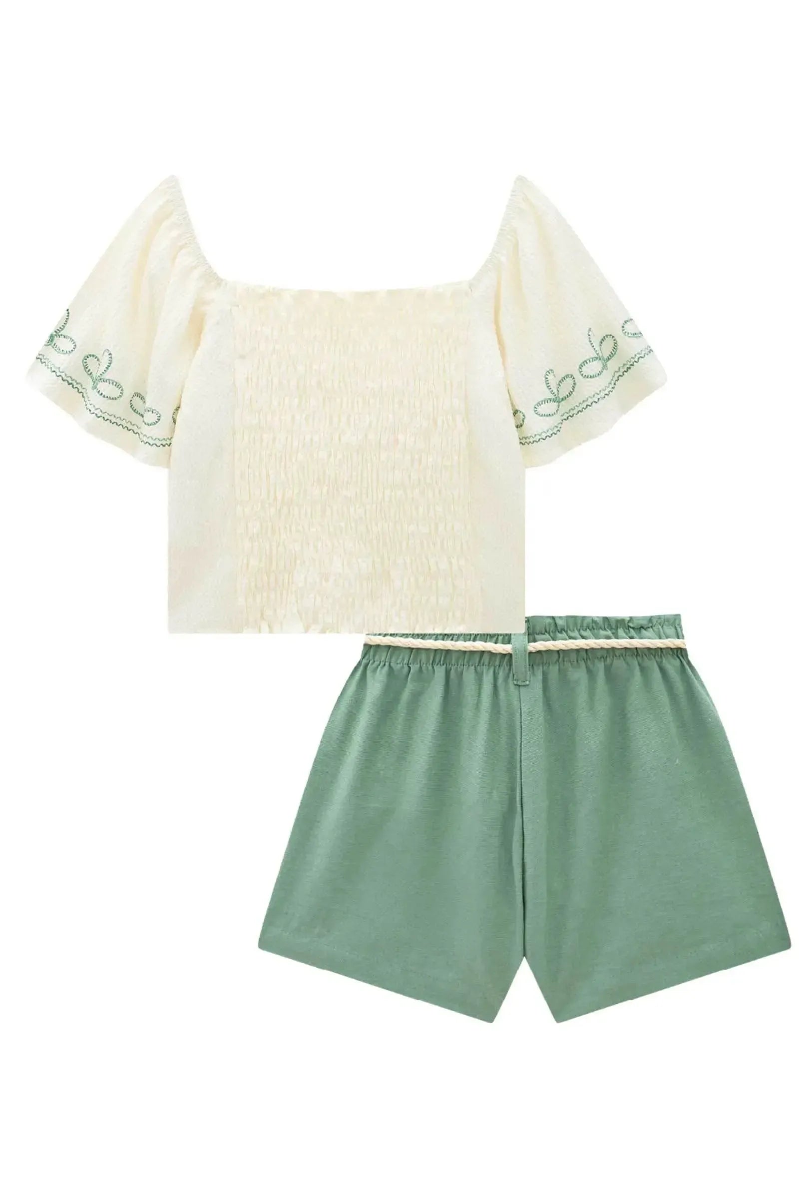 Conjunto de Blusa Cropped em Tecido Texturizado e Shorts em Linho com Elastano 88108 Infanti Infantil Menina
