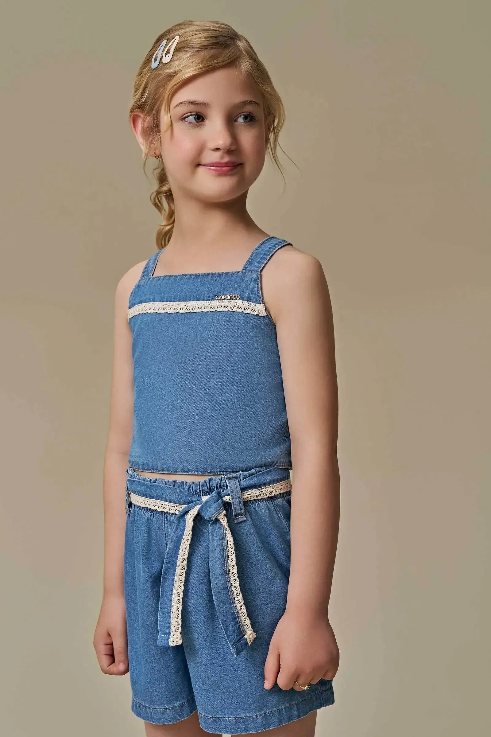 Conjunto de Blusa e Shorts em Jeans 97042 Infanti Infantil Menina