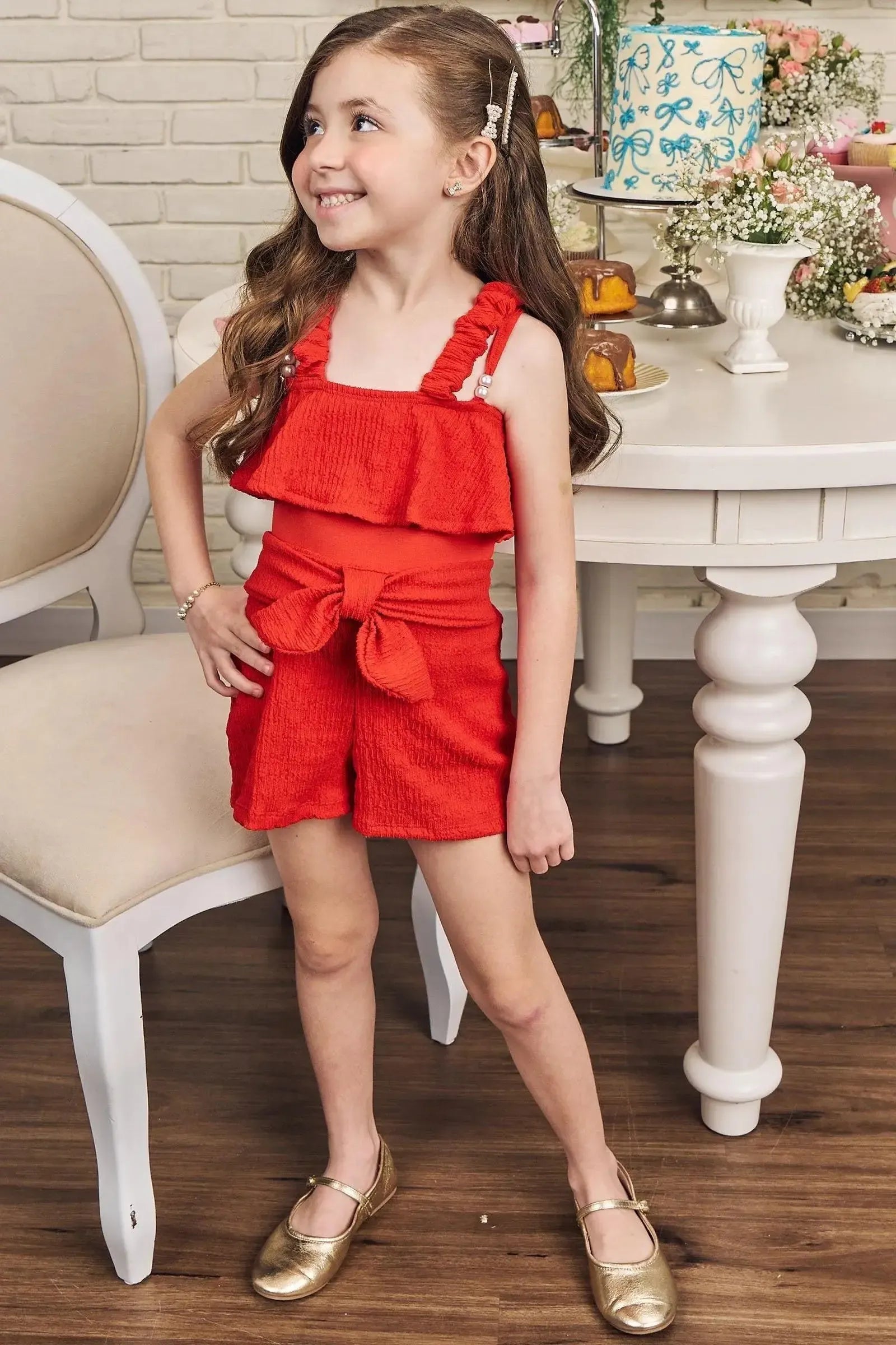 Conjunto de Blusa e Shorts em Malha Relevo 83418 Kukiê Infantil Menina