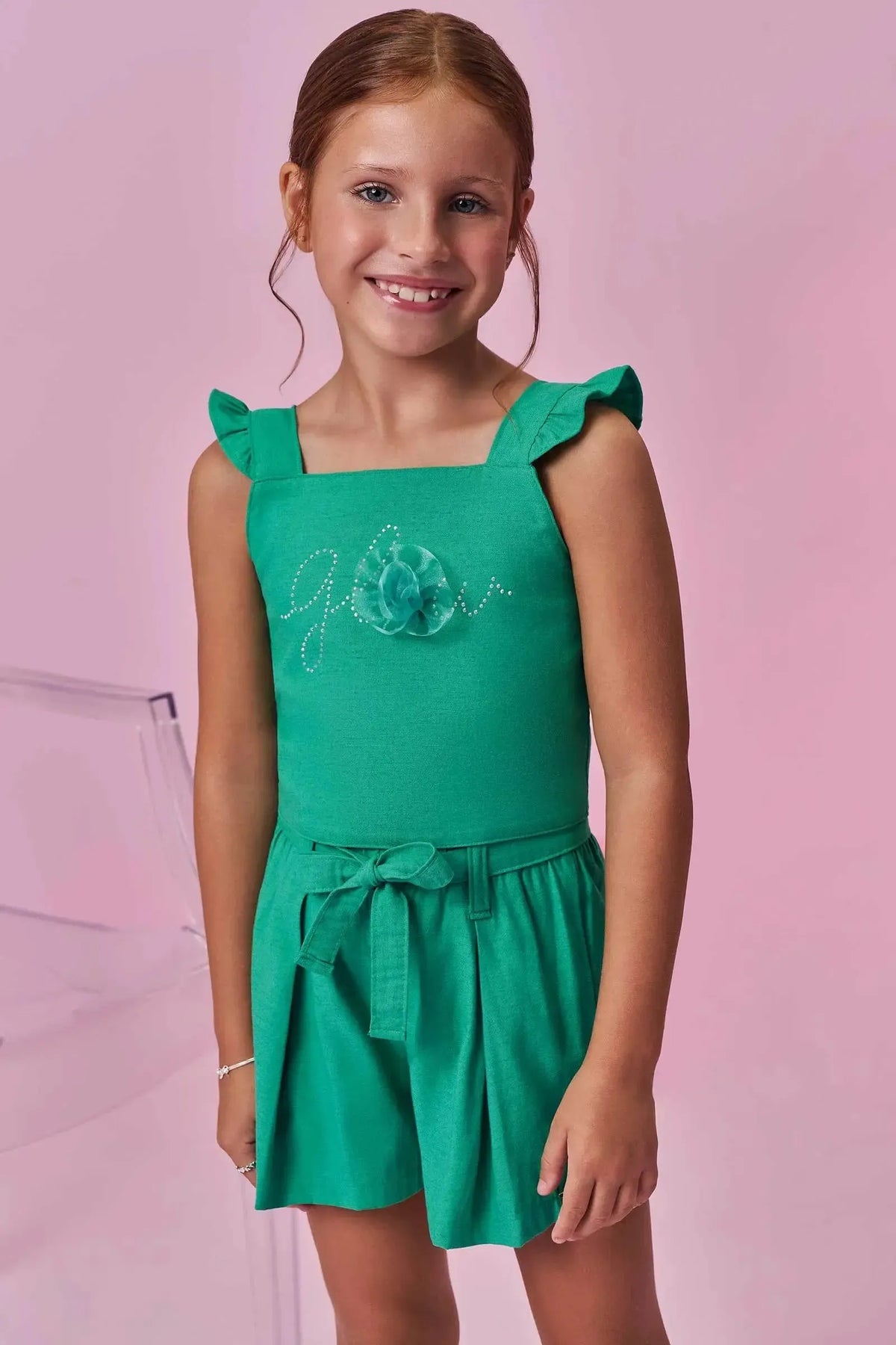 Conjunto de Blusa e Shorts em Viscolinho Sarjado 99674 Kukiê Infantil Menina
