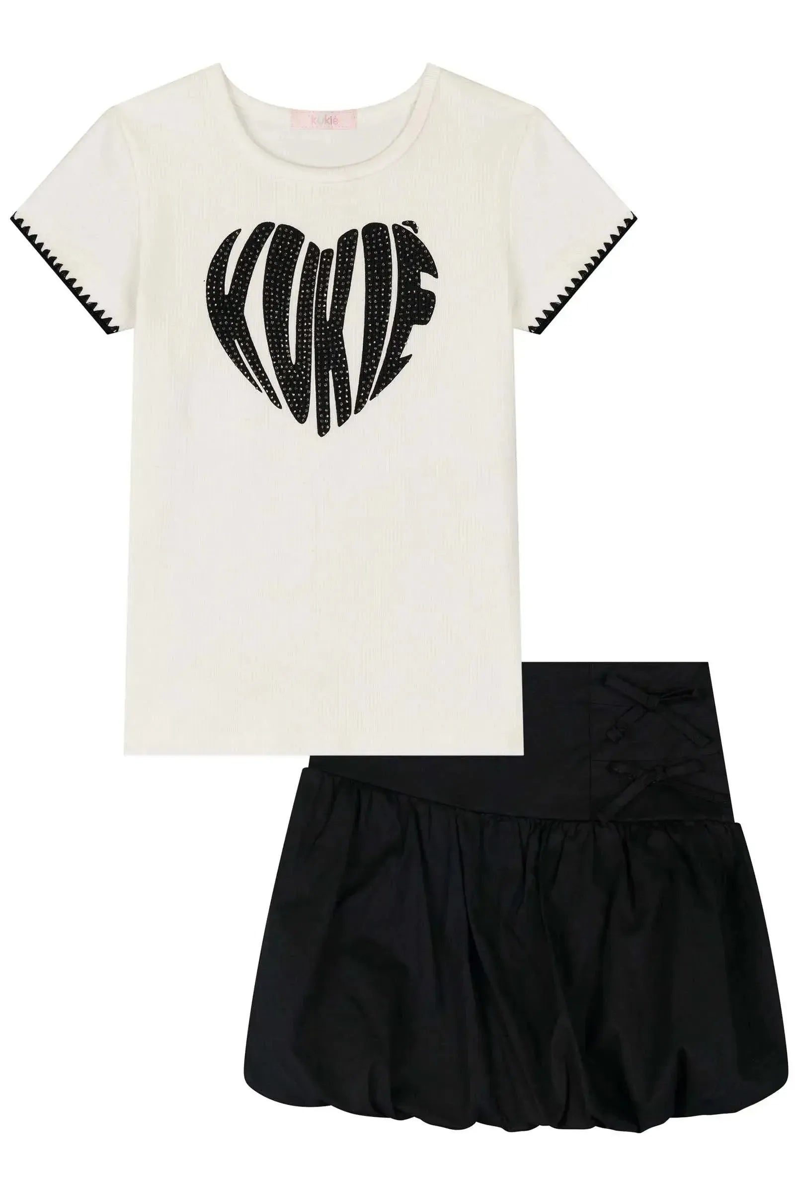 Conjunto de Blusa em Canelado e Saia Banolê em Tricoline com Elastano 84916 Kukiê Infantil Menina