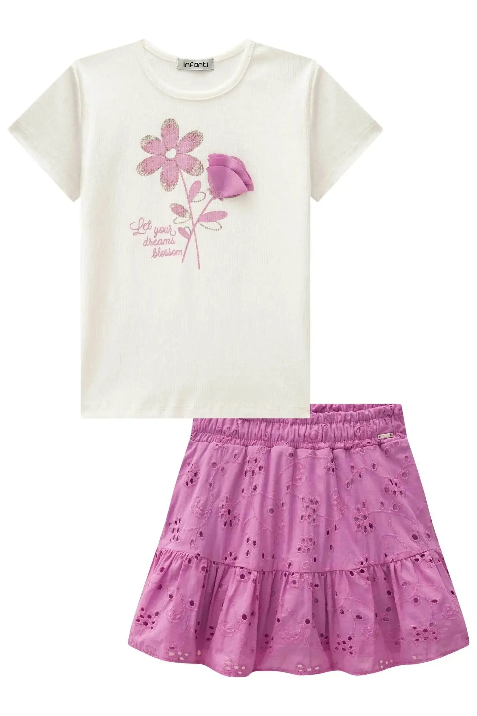 Conjunto de Blusa em Canelado e Saia em Laise. Com Shorts Embutido 85762 Infanti Infantil Menina