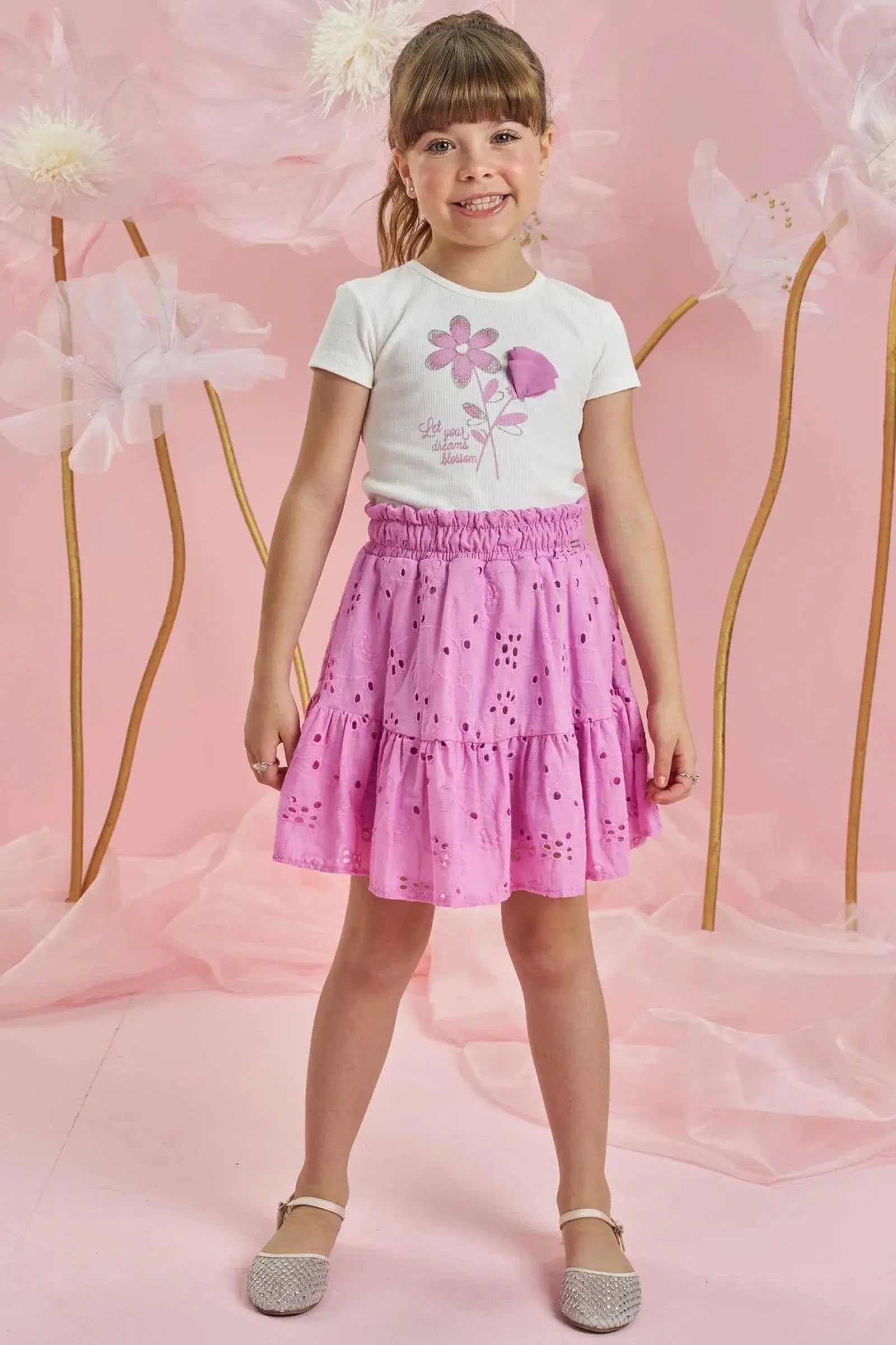 Conjunto de Blusa em Canelado e Saia em Laise. Com Shorts Embutido 85762 Infanti Infantil Menina