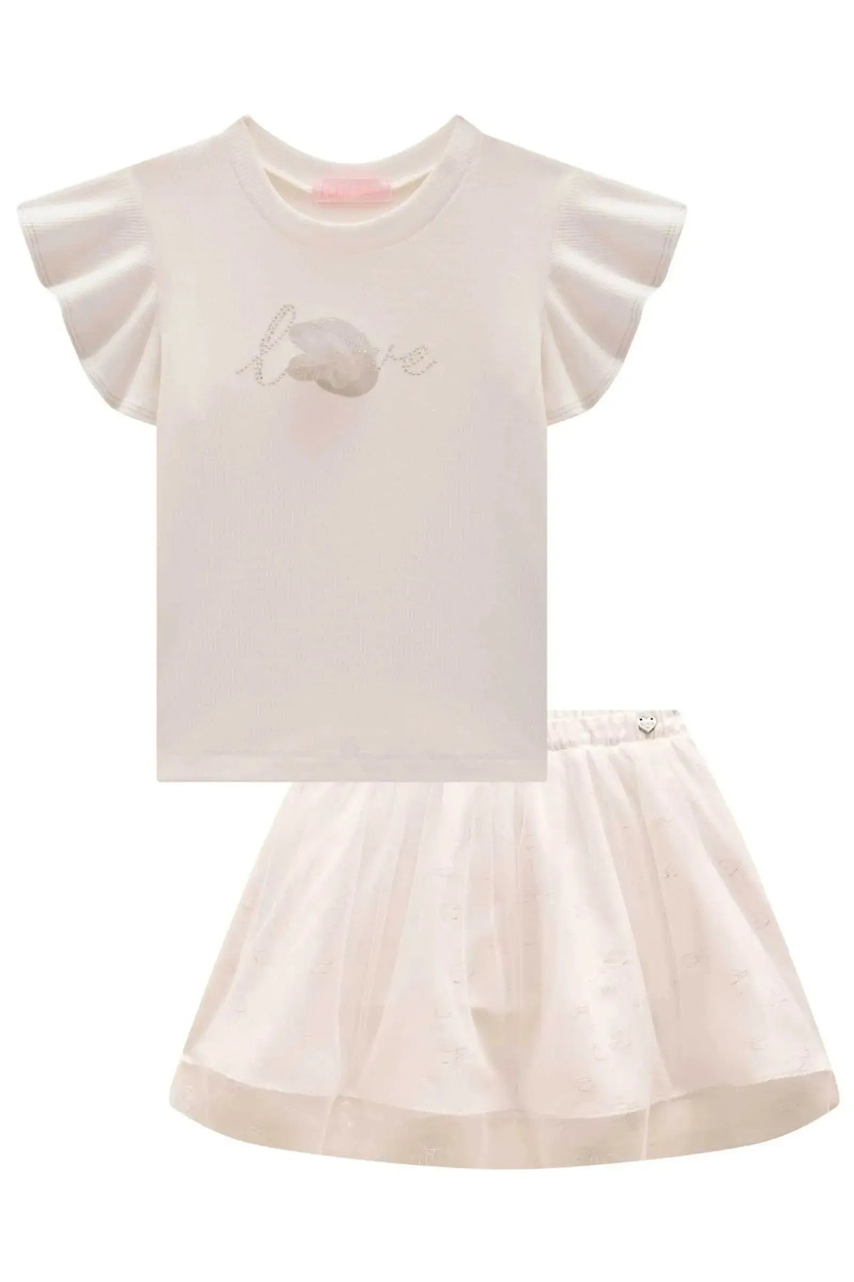 Conjunto de Blusa em Canelado e Saia em Tule Laços (com Shorts Embutido) 98703 Kukiê Infantil Menina