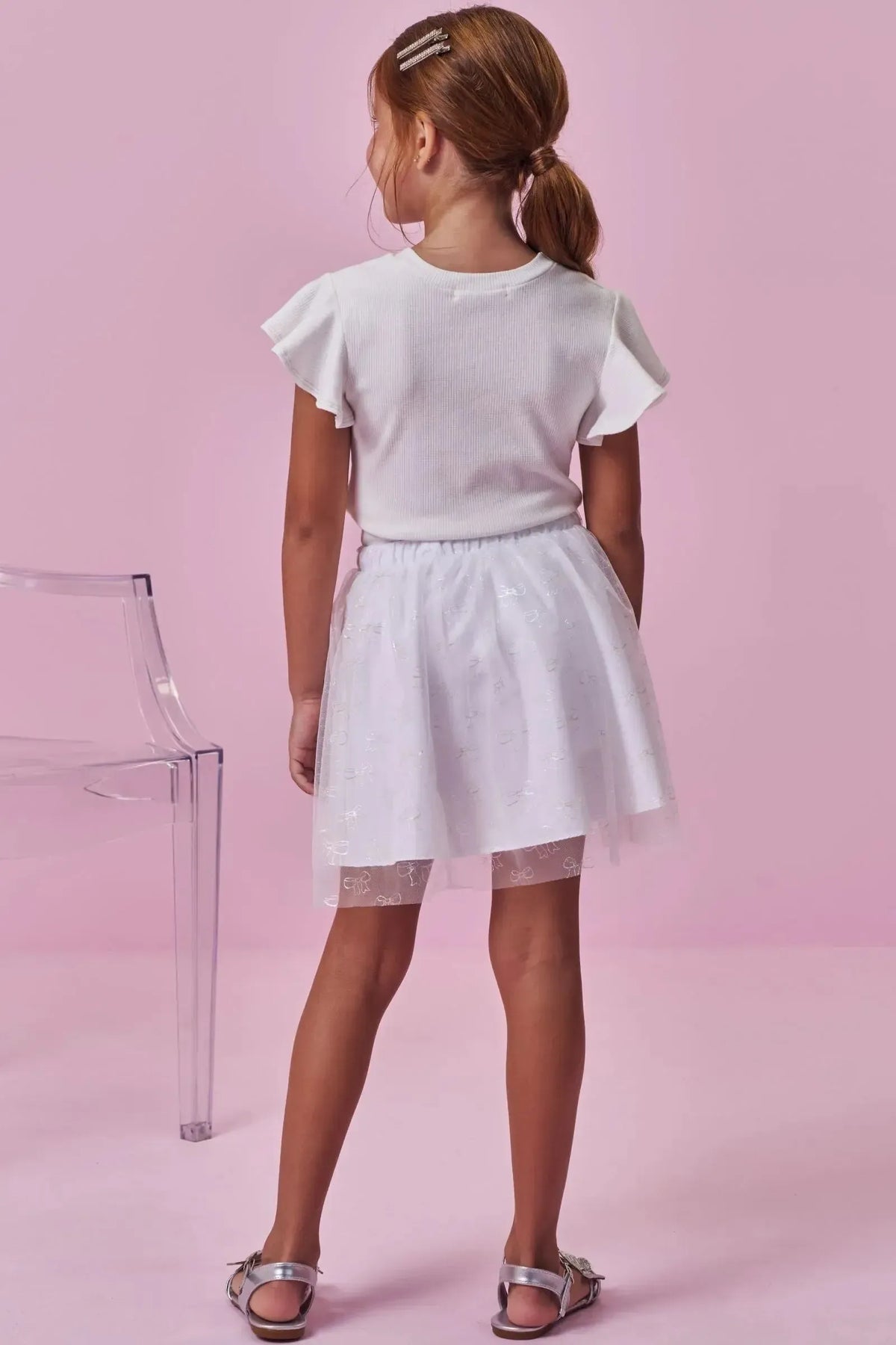 Conjunto de Blusa em Canelado e Saia em Tule Laços (com Shorts Embutido) 98703 Kukiê Infantil Menina