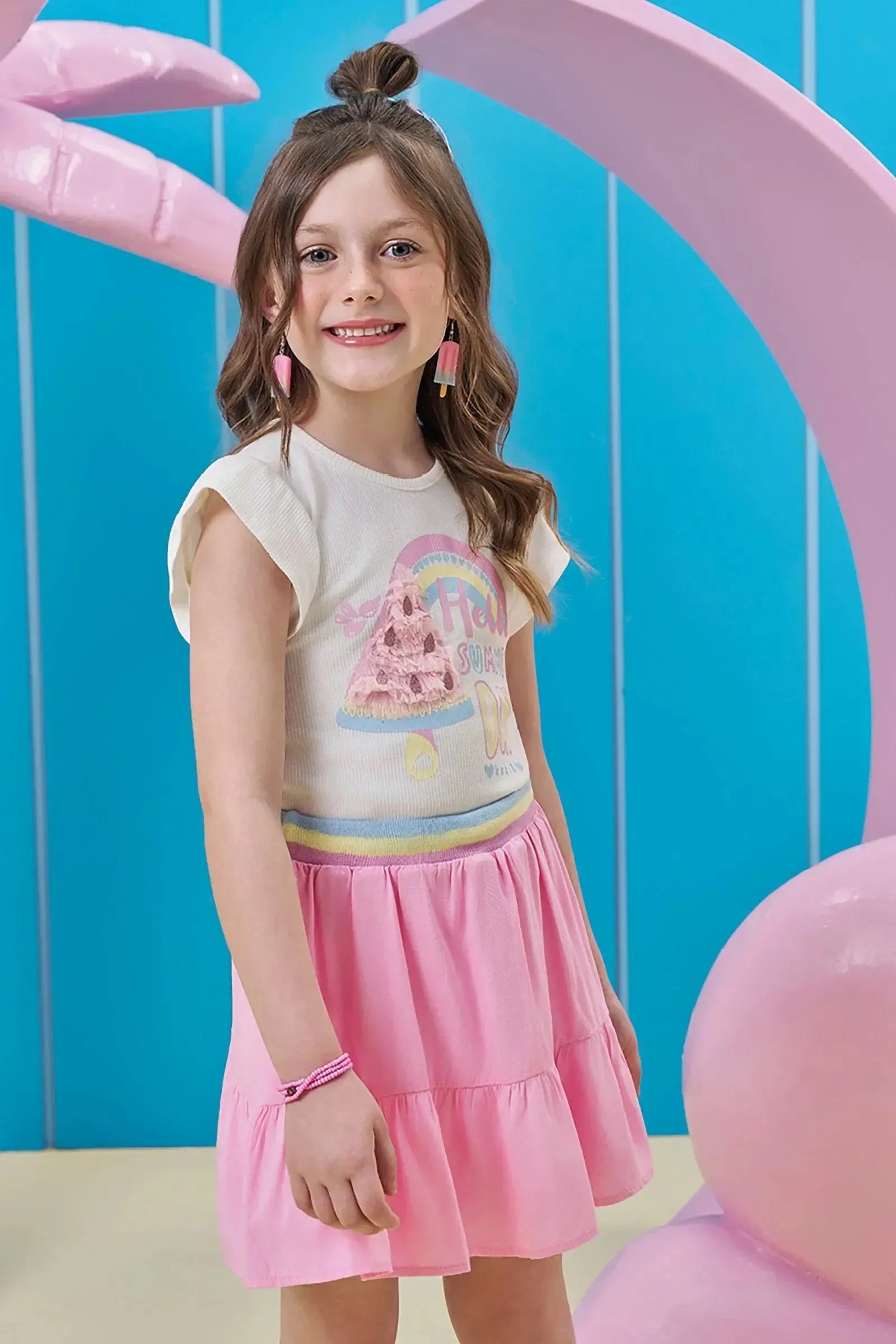 Conjunto de Blusa em Canelado e Saia em Viscose (com Shorts Embutido) 96383 Kukiê Infantil Menina