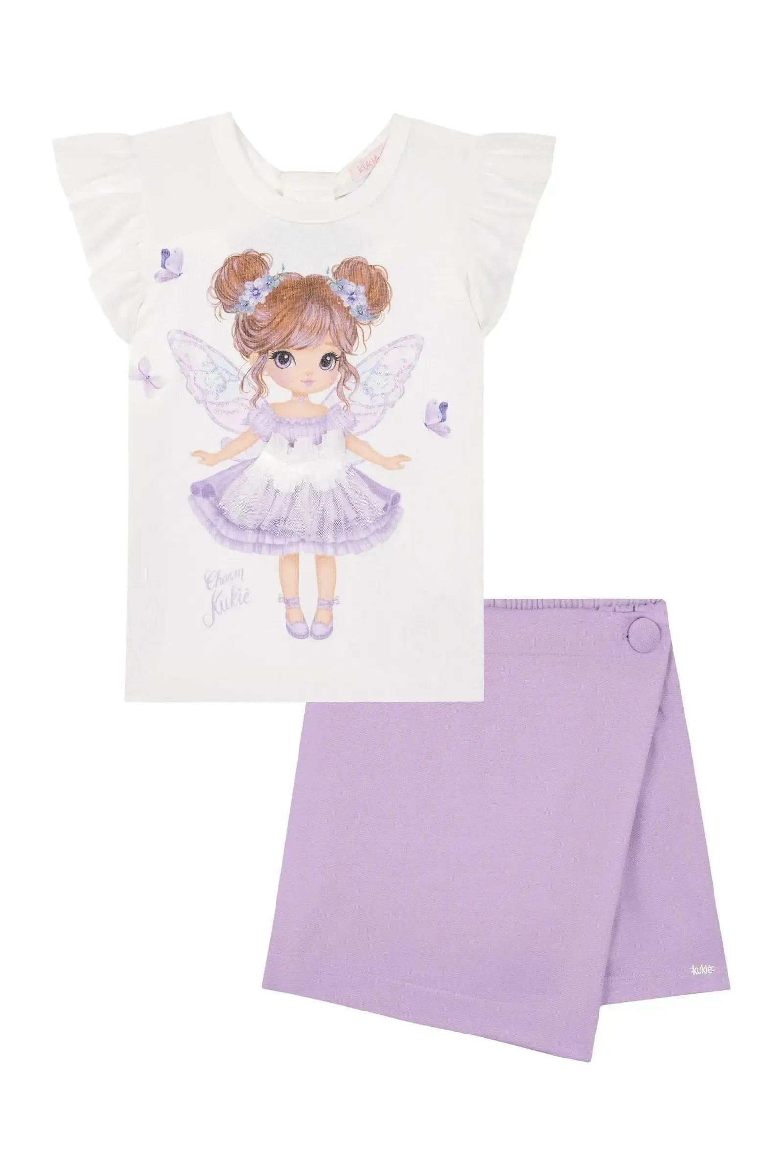 Conjunto de Blusa em Canelado e Short Saia em Moletom sem Pelúcia 88849 Kukiê Infantil Menina