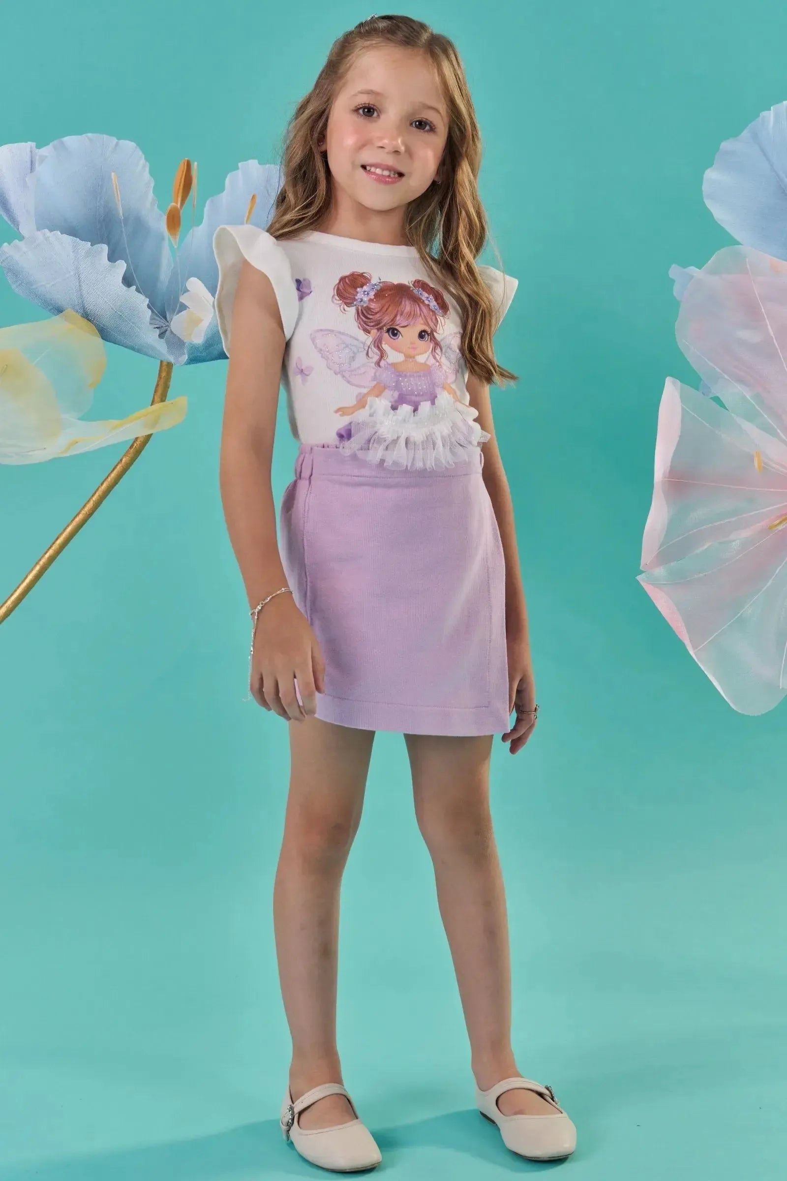 Conjunto de Blusa em Canelado e Short Saia em Moletom sem Pelúcia 88849 Kukiê Infantil Menina