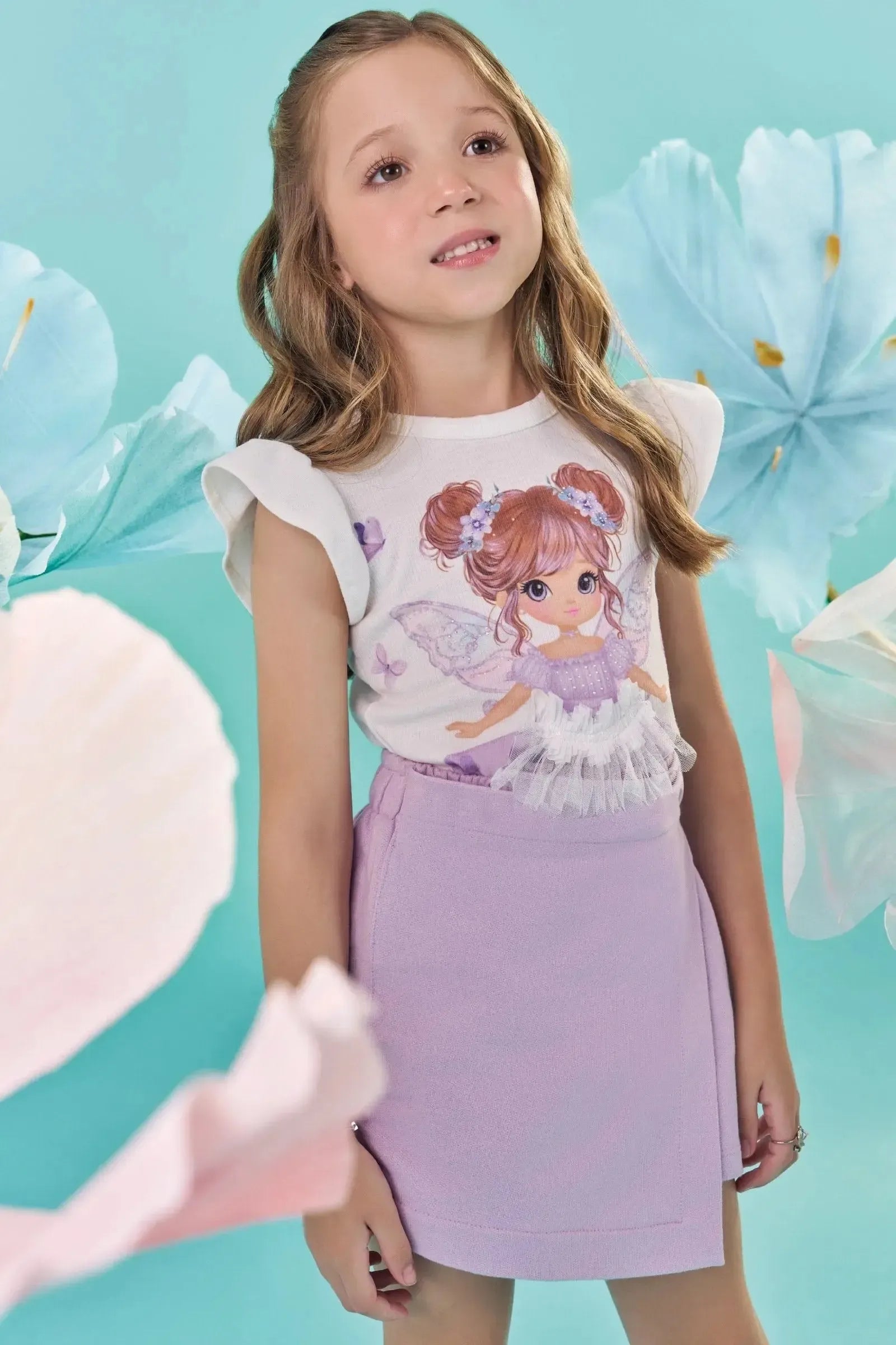 Conjunto de Blusa em Canelado e Short Saia em Moletom sem Pelúcia 88849 Kukiê Infantil Menina