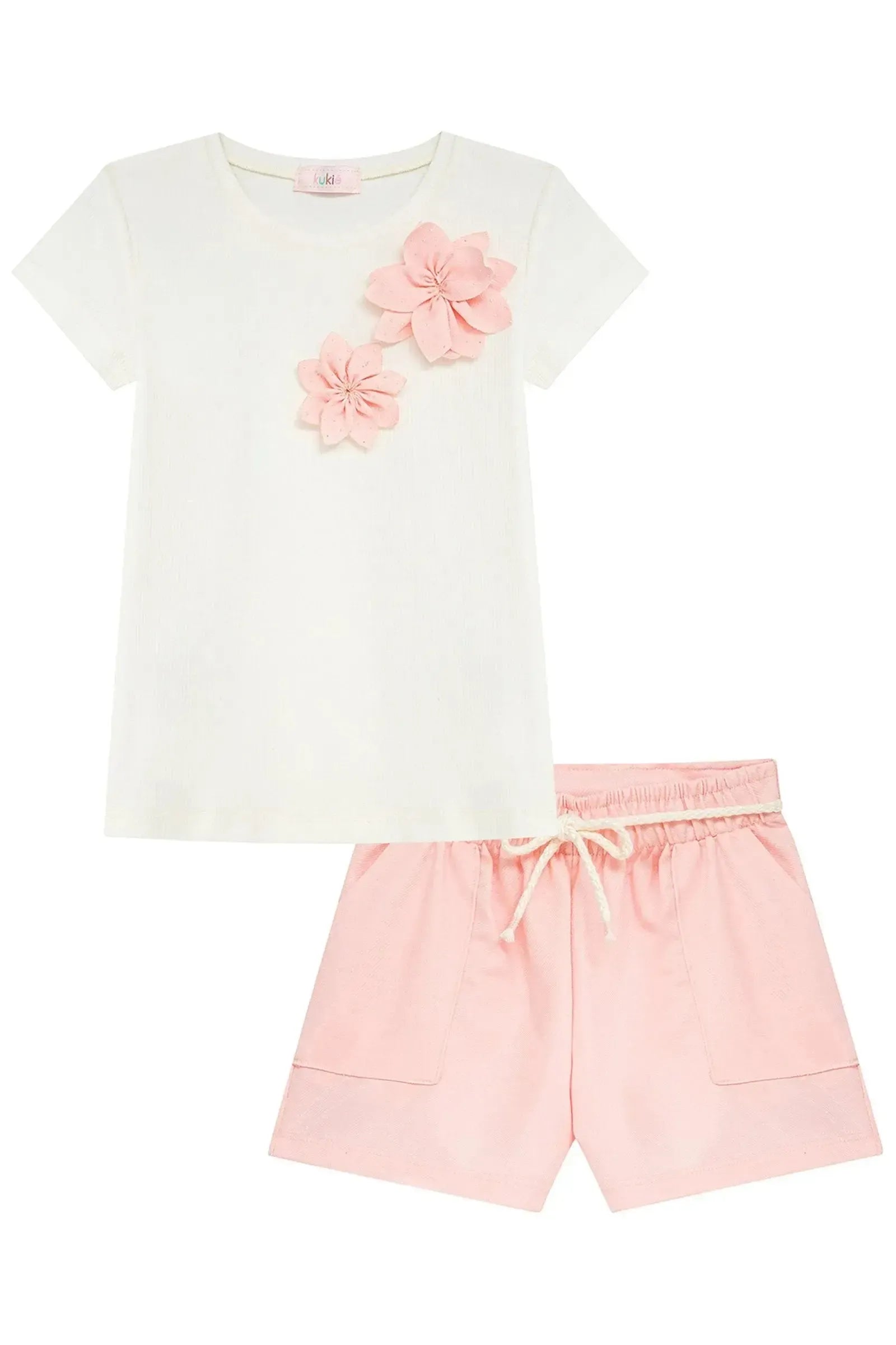 Conjunto de Blusa em Canelado e Shorts em Malha Twill Brilho 93662 Kukiê Infantil Menina