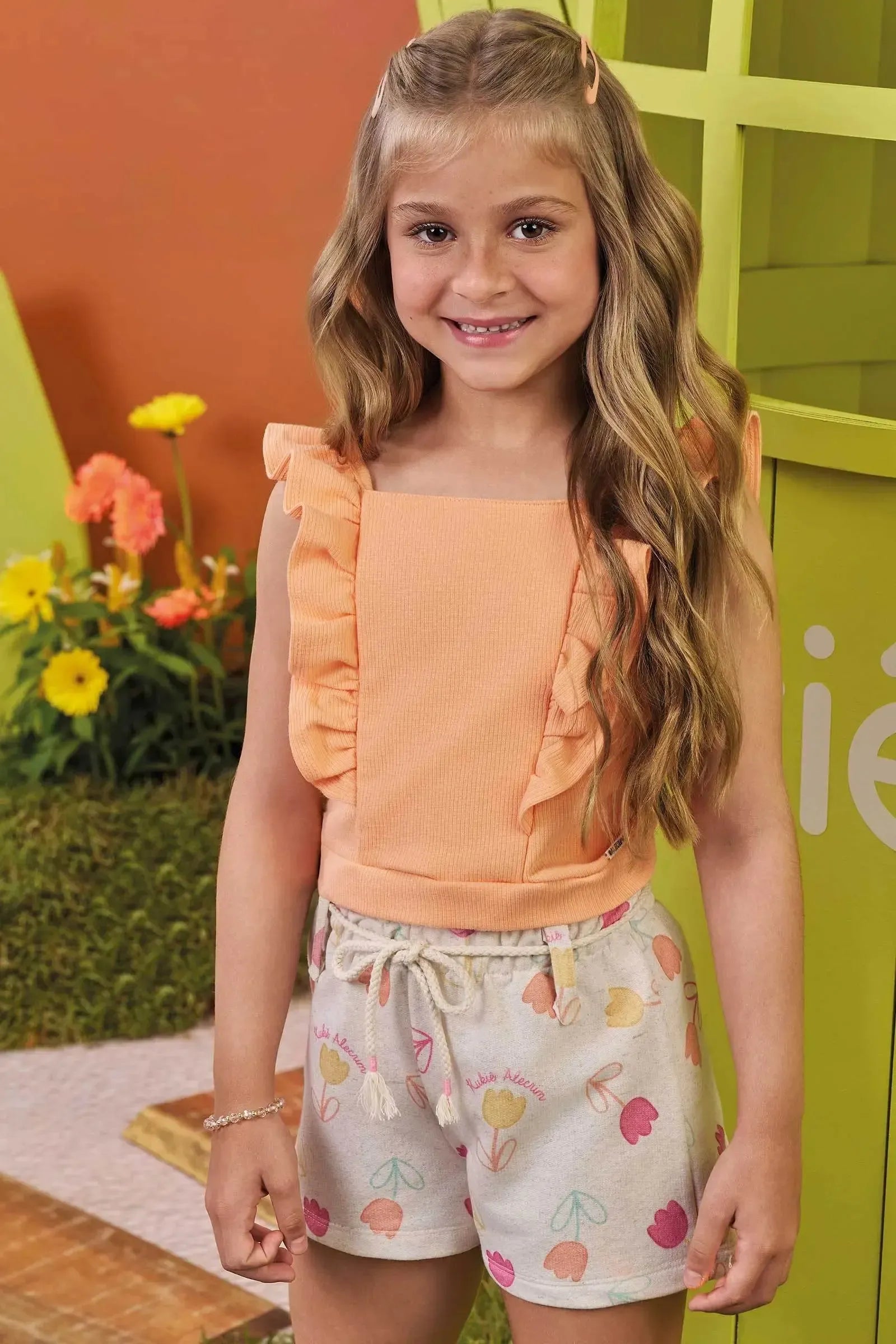 Conjunto de Blusa em Canelado e Shorts em Moletom Linho 97997 Kukiê Infantil Menina