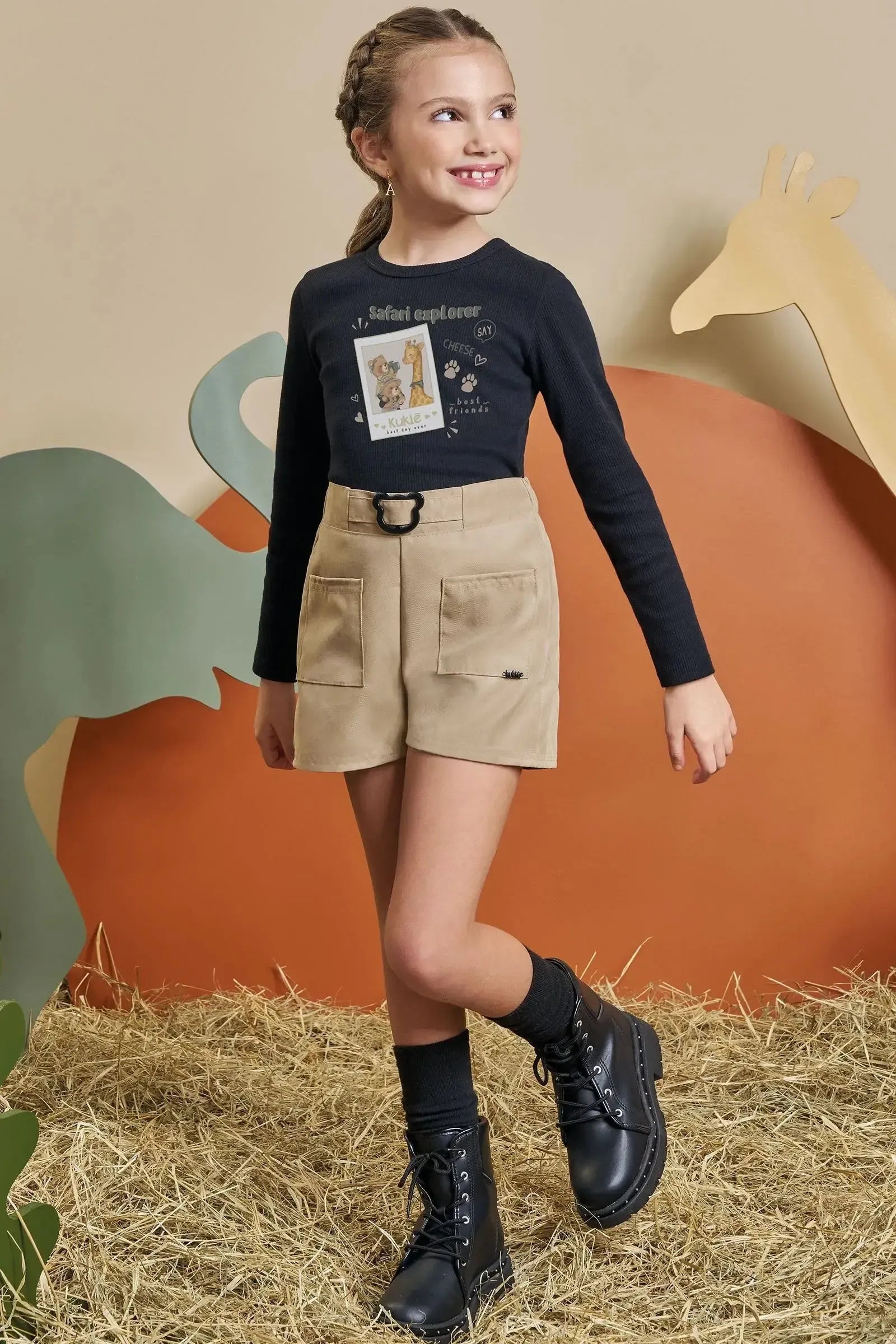 Conjunto de Blusa em Canelado e Shorts em Tecido Sarjado 90582 Kukiê Infantil Menina