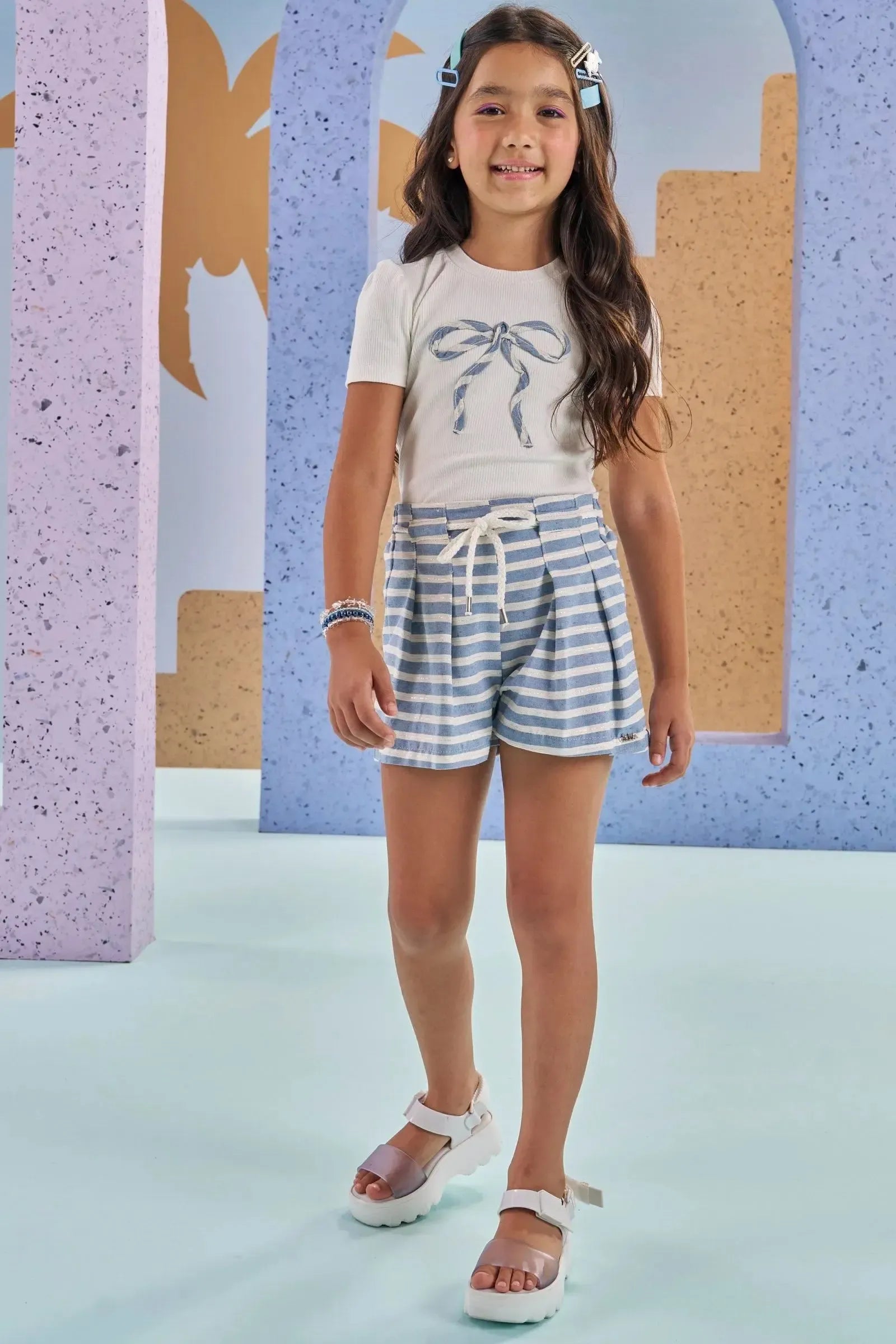 Conjunto de Blusa em Canelado e Shorts em Tricoline Listrado 87791 Kukiê Infantil Menina